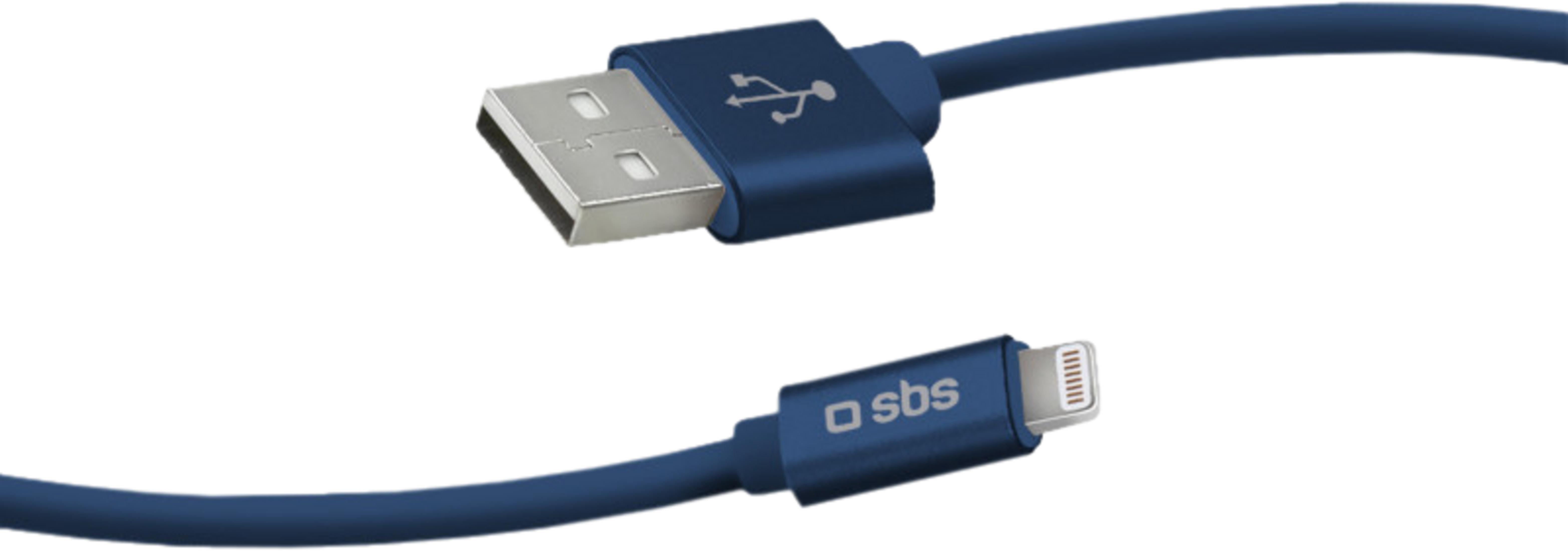 Un cable USB-C a Lightning azul con logo SBS y símbolo USB.