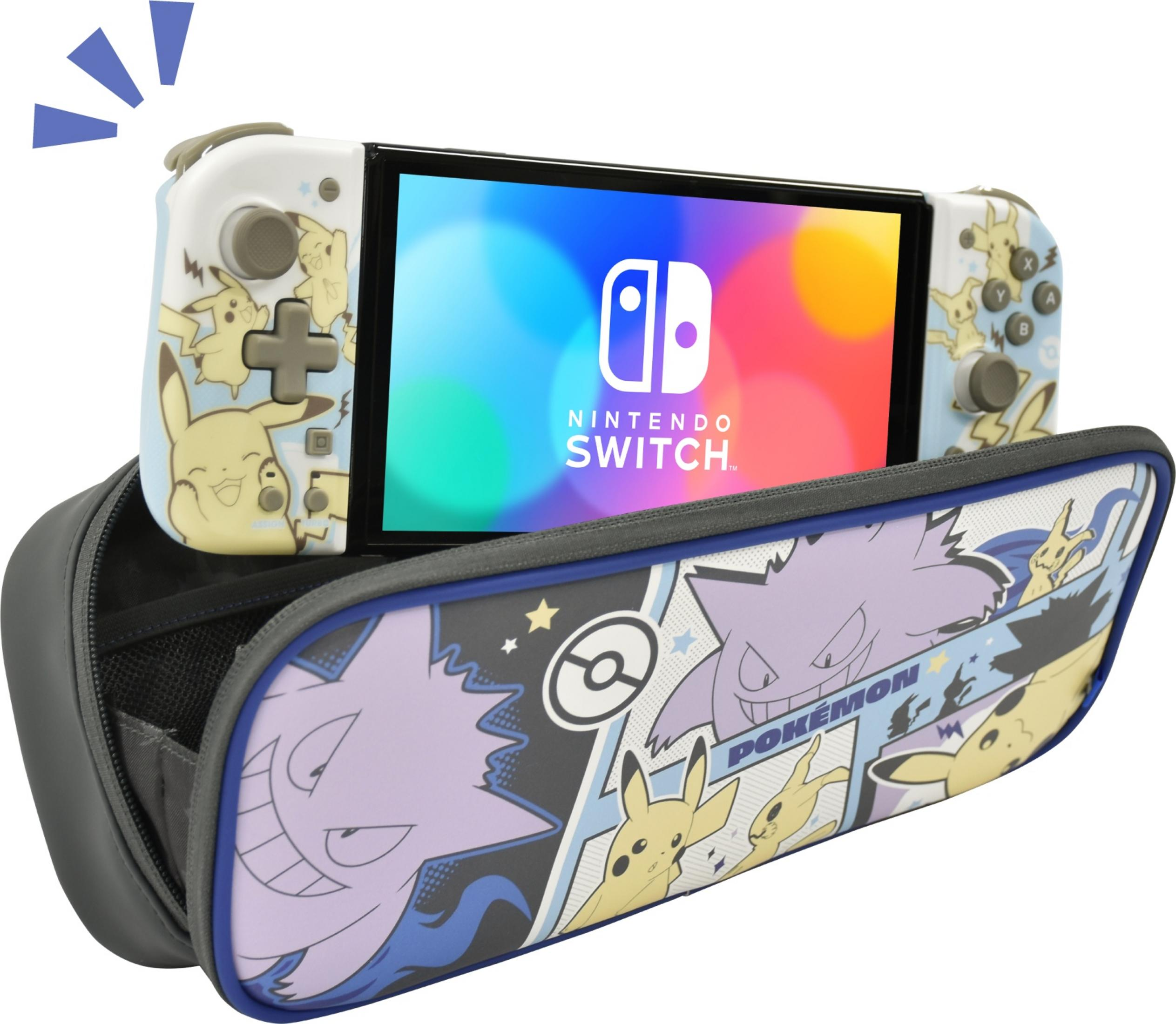 Nintendo Switch z motywem Pikachu w torbie z Gengarem.