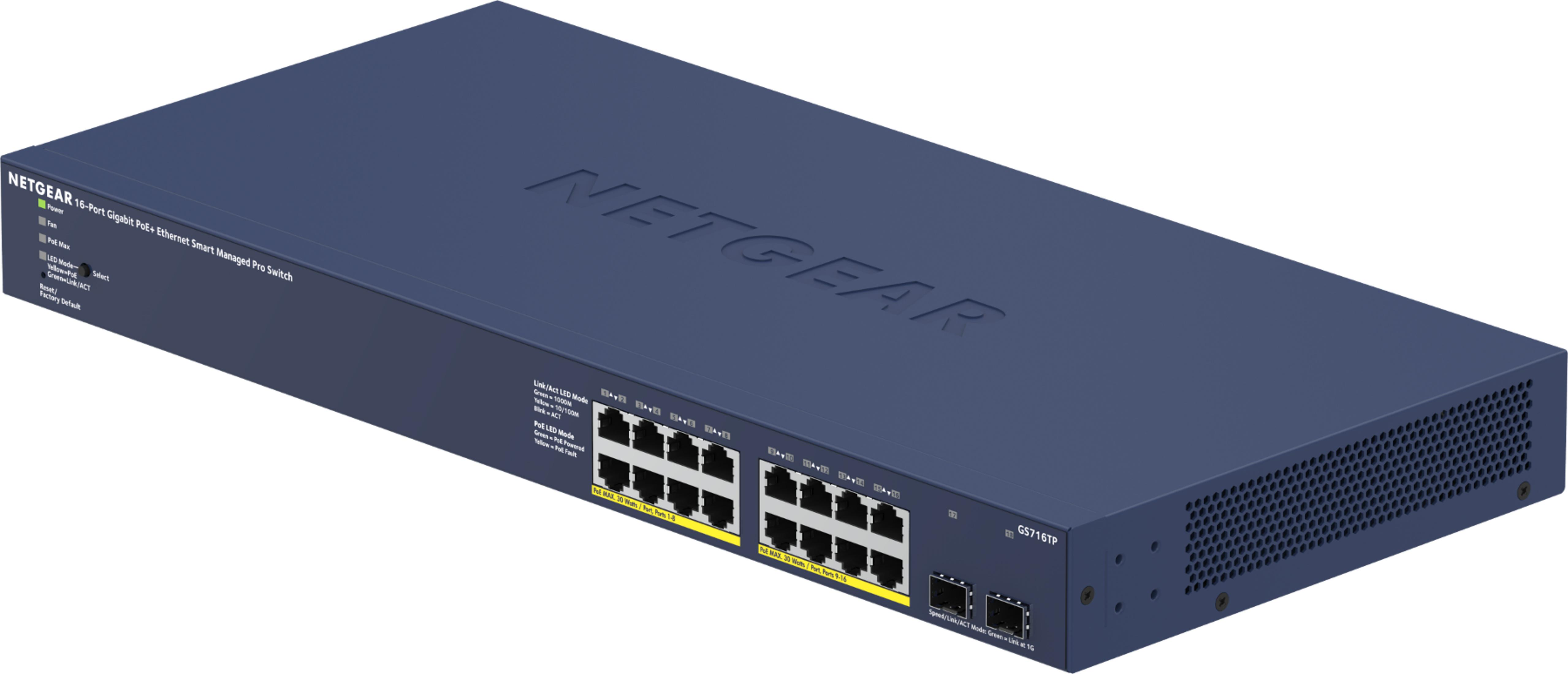 Un switch Netgear azul Gigabit PoE+ de 16 puertos con puertos frontales.