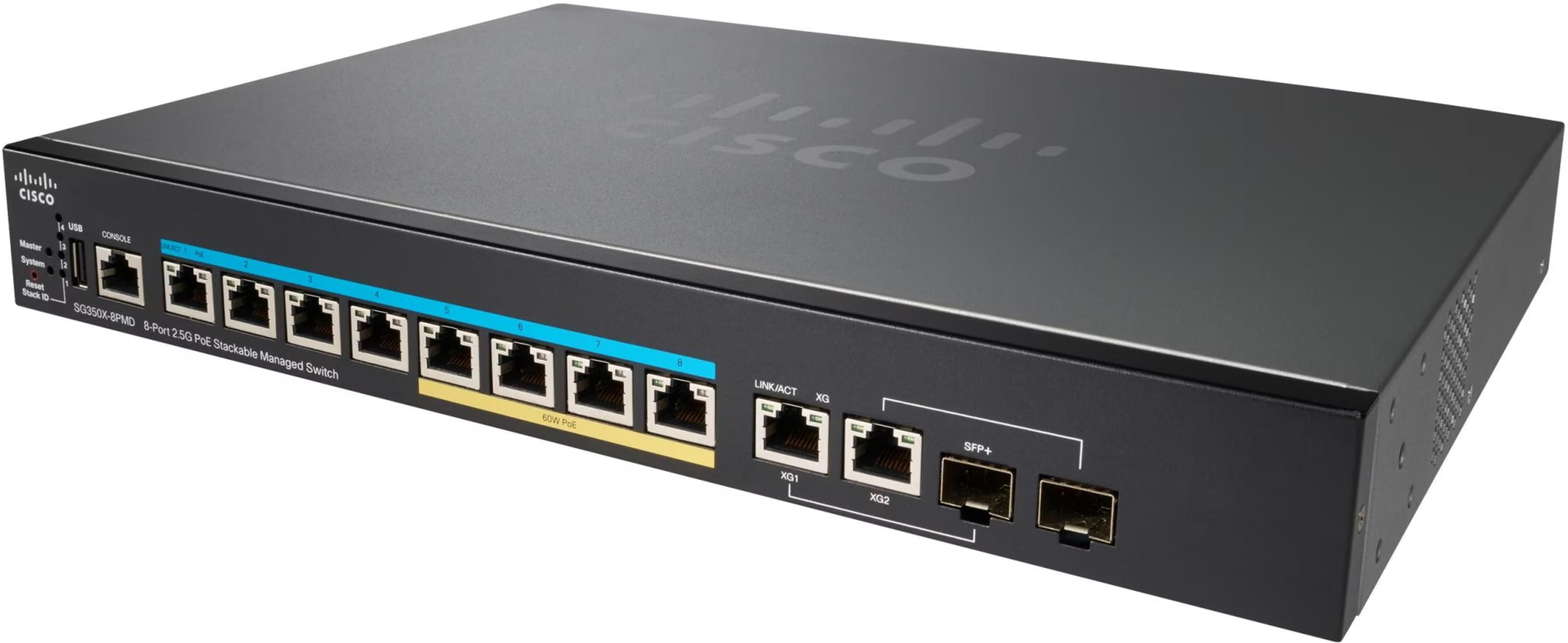 Cisco SG350X-8PMD 8-Port 2.5G PoE Managed Switch mit Anschlüssen.