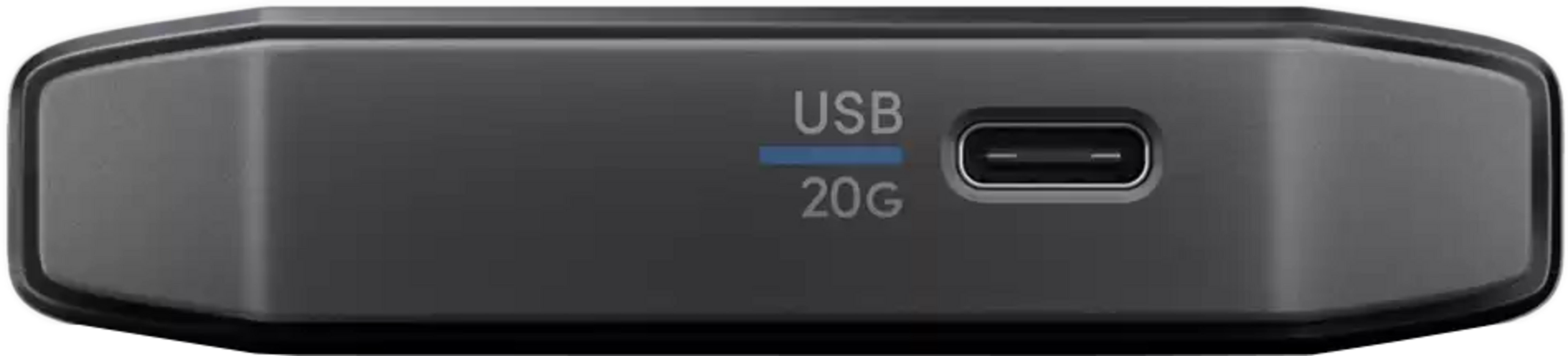 Dispositivo USB-C grigio con etichetta 'USB 20G'.