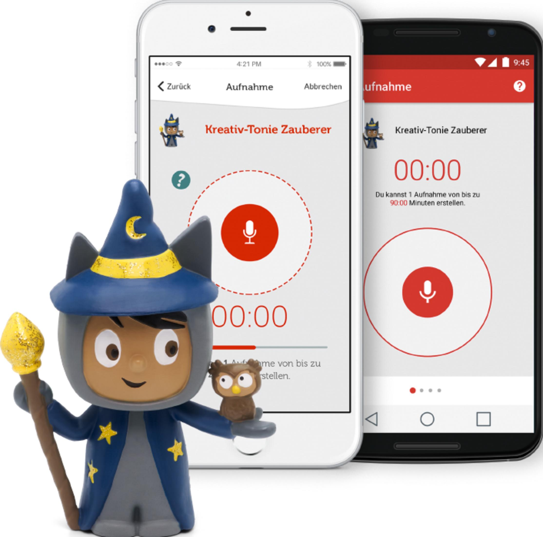 Ein Zauberer-Figur hält ein Handy mit einer Aufnahmeanwendung.