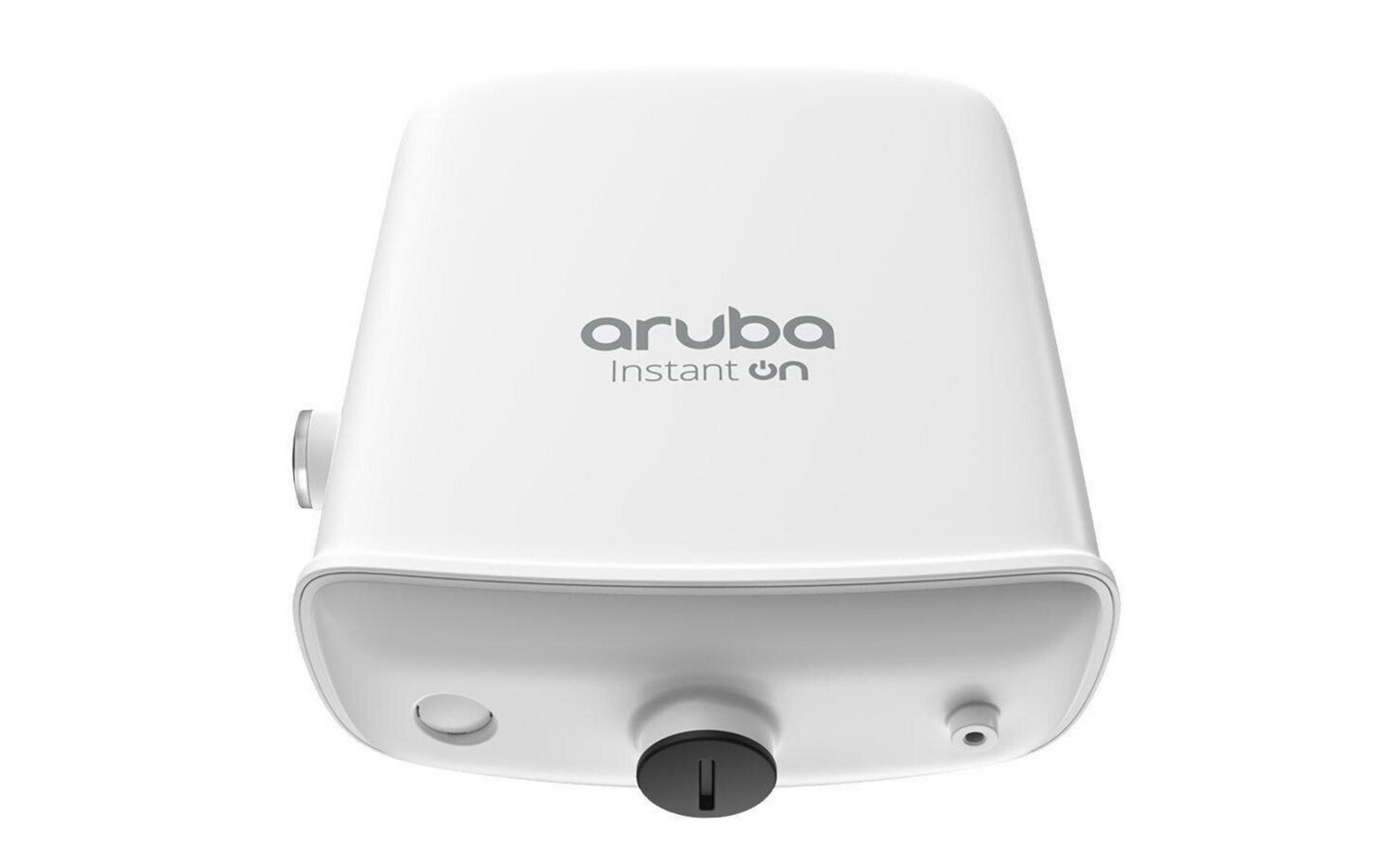 Gri logolu ve portlu beyaz bir Aruba Instant On cihazı.