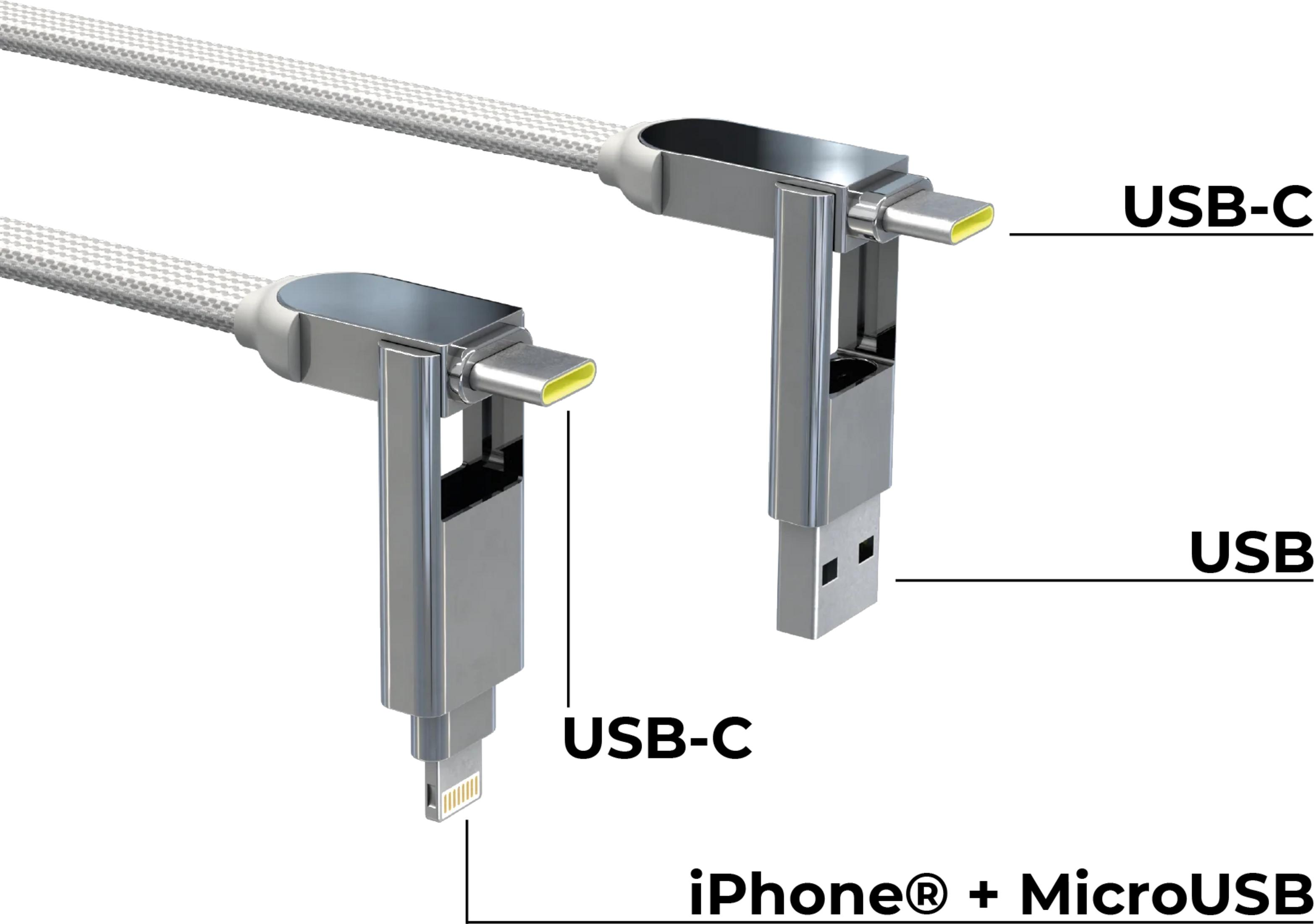 Deux câbles USB avec adaptateurs de connecteur argentés et câble textile blanc.
