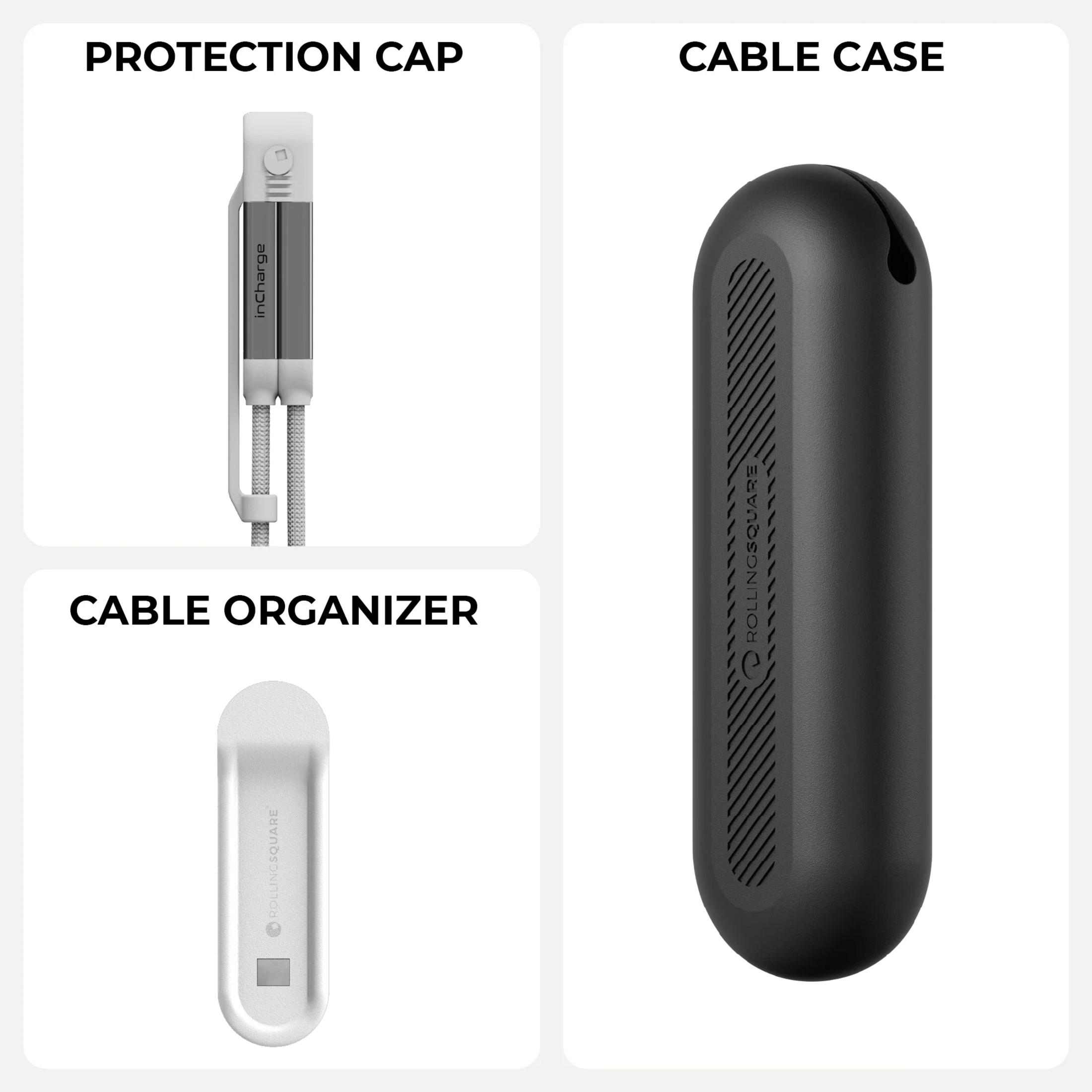 Organisateur de câble blanc, capuchon de protection gris avec câble, étui noir.