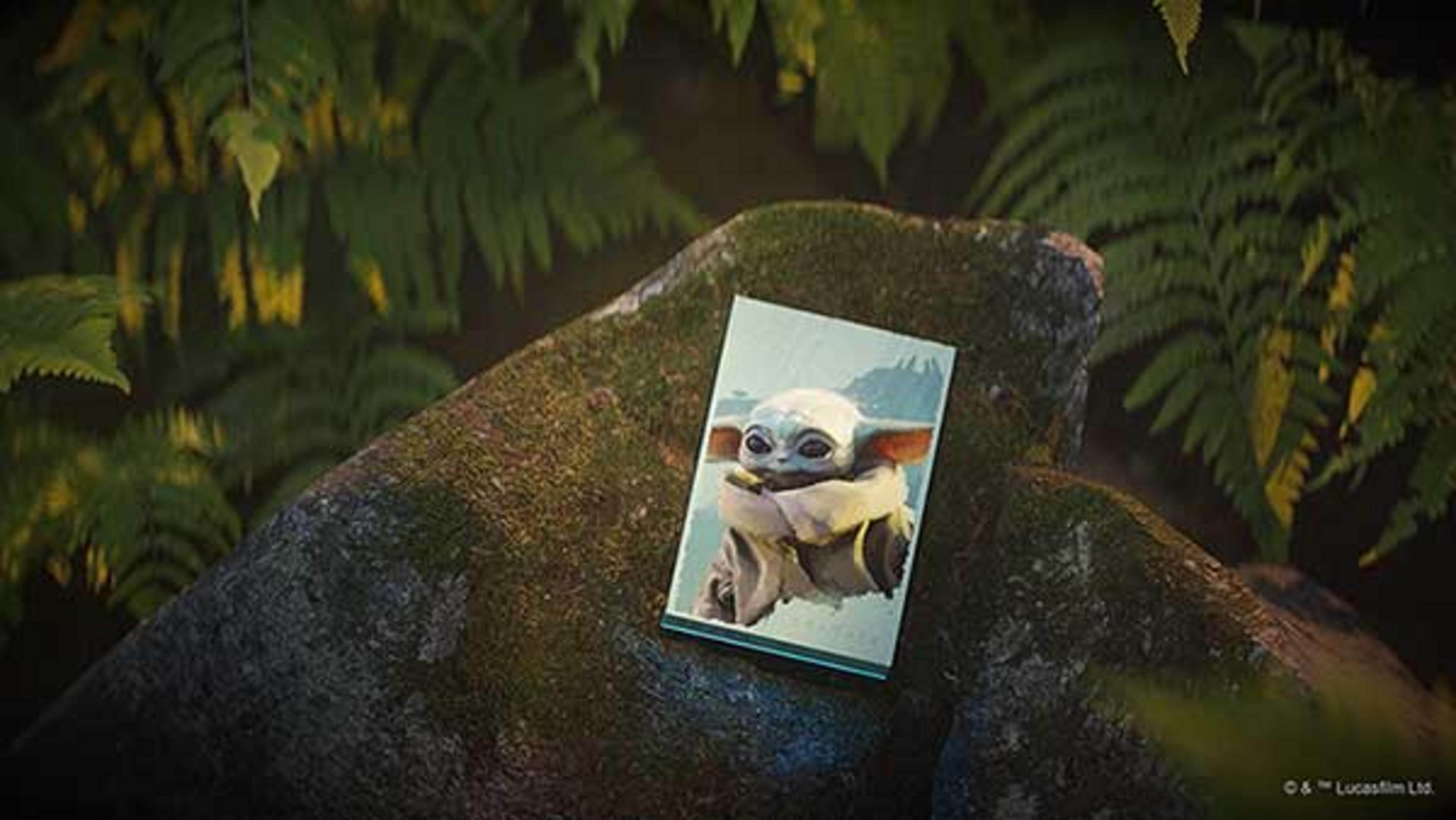 Ein Baby Yoda-Bild liegt auf einem moosbewachsenen Felsen, umgeben von Farnen.