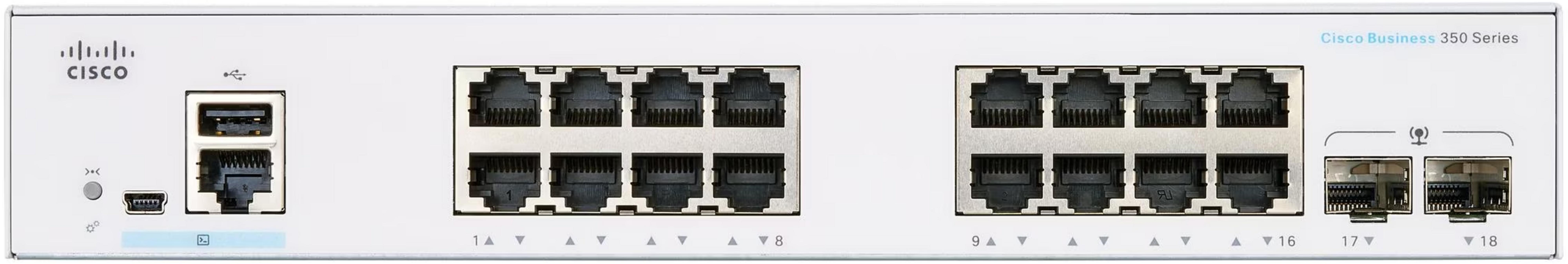 Biały przełącznik Cisco Business 350 Series z wieloma portami Ethernet i USB.