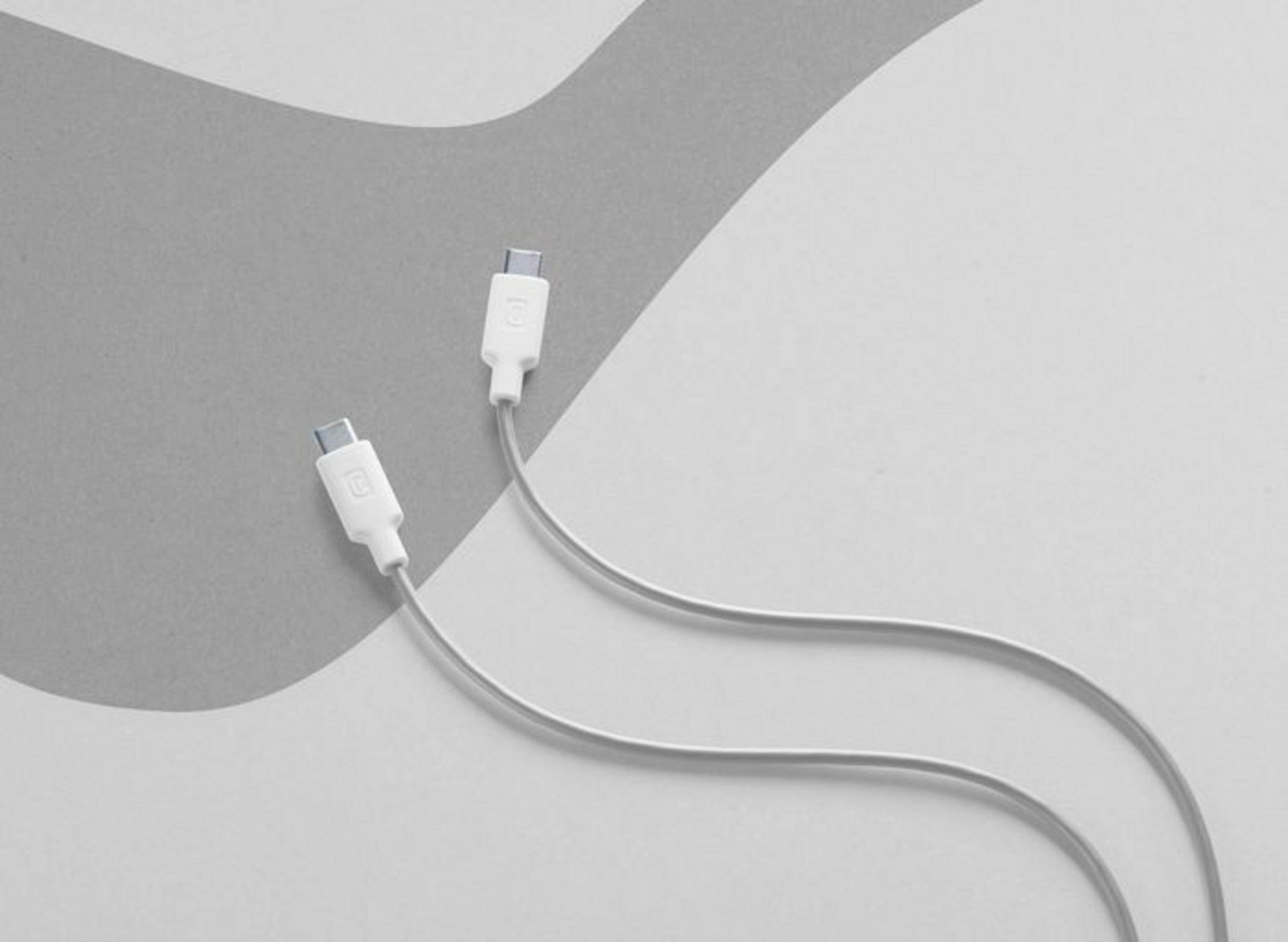 Deux câbles USB-C blancs avec connecteurs argentés sur fond gris et blanc.