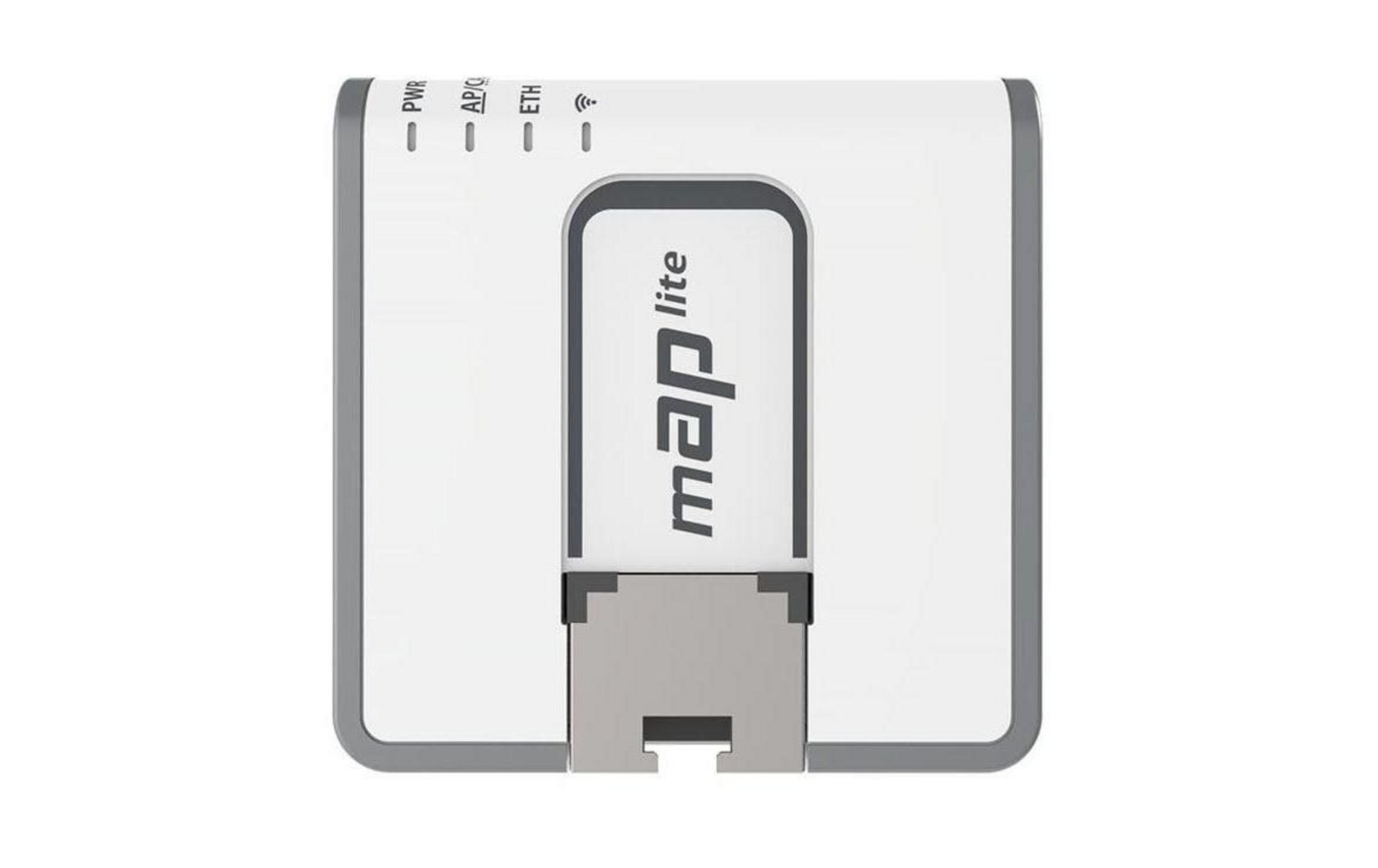 Białe urządzenie WiFi z szarym wykończeniem i napisem „map lite”.