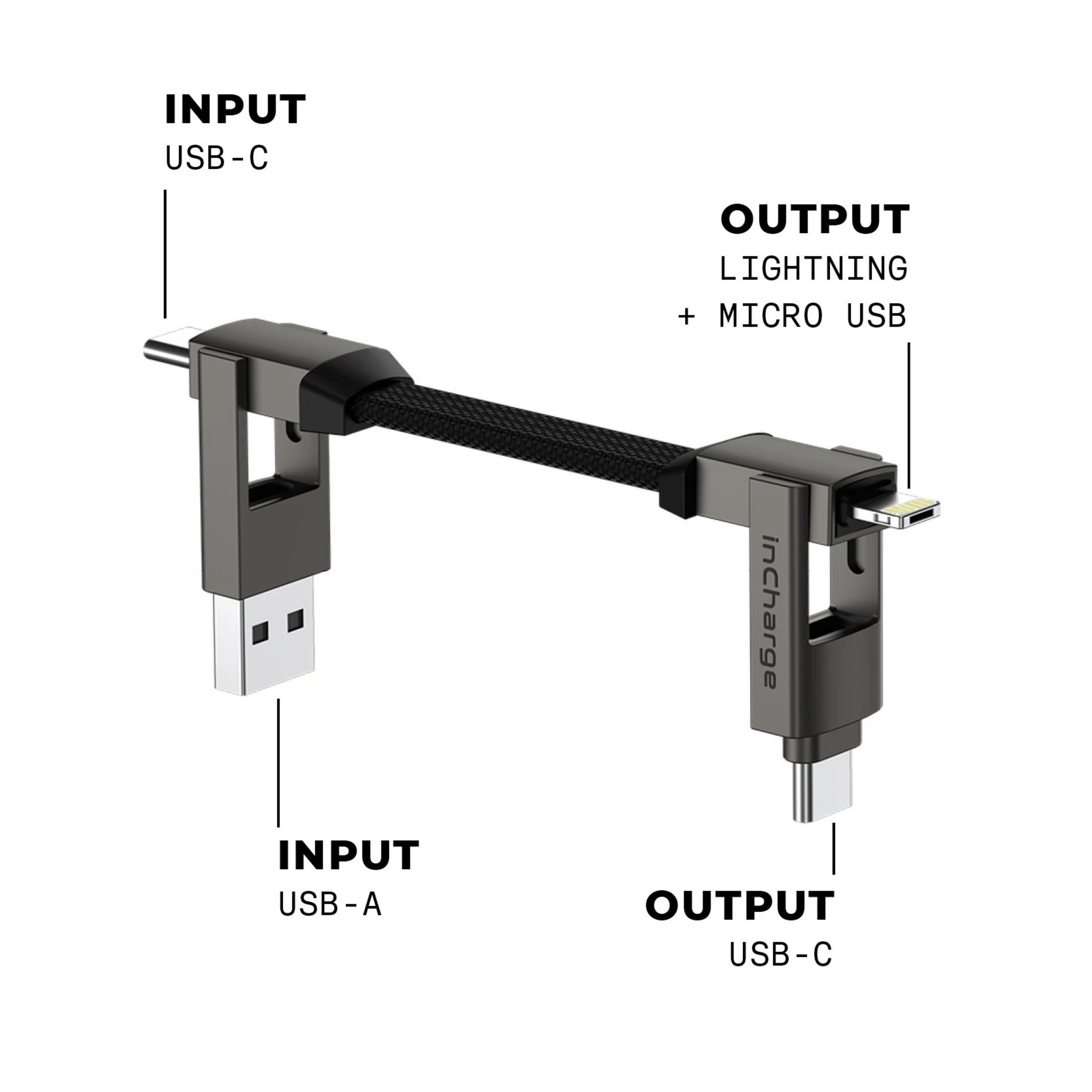 Een laadadapter met USB-A en USB-C ingangen, en Lightning en Micro USB uitgangen.