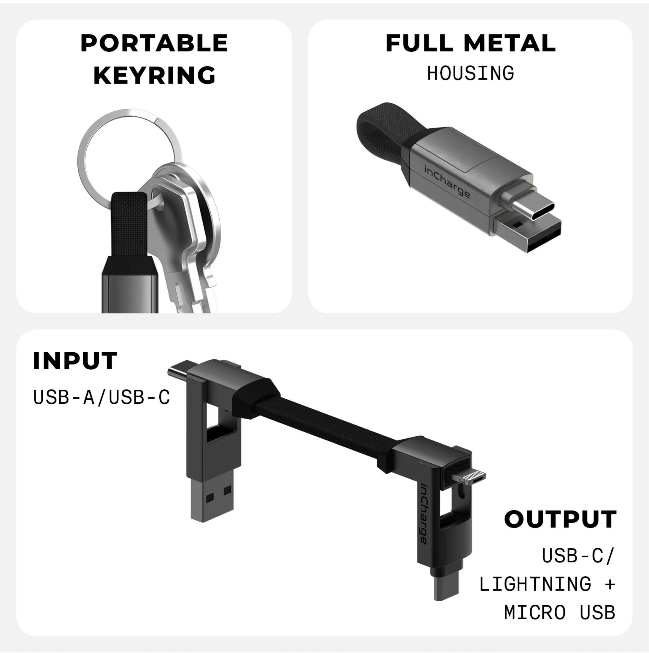Een sleutelhanger met USB-A/USB-C ingang en USB-C/Lightning/Micro USB uitgang.