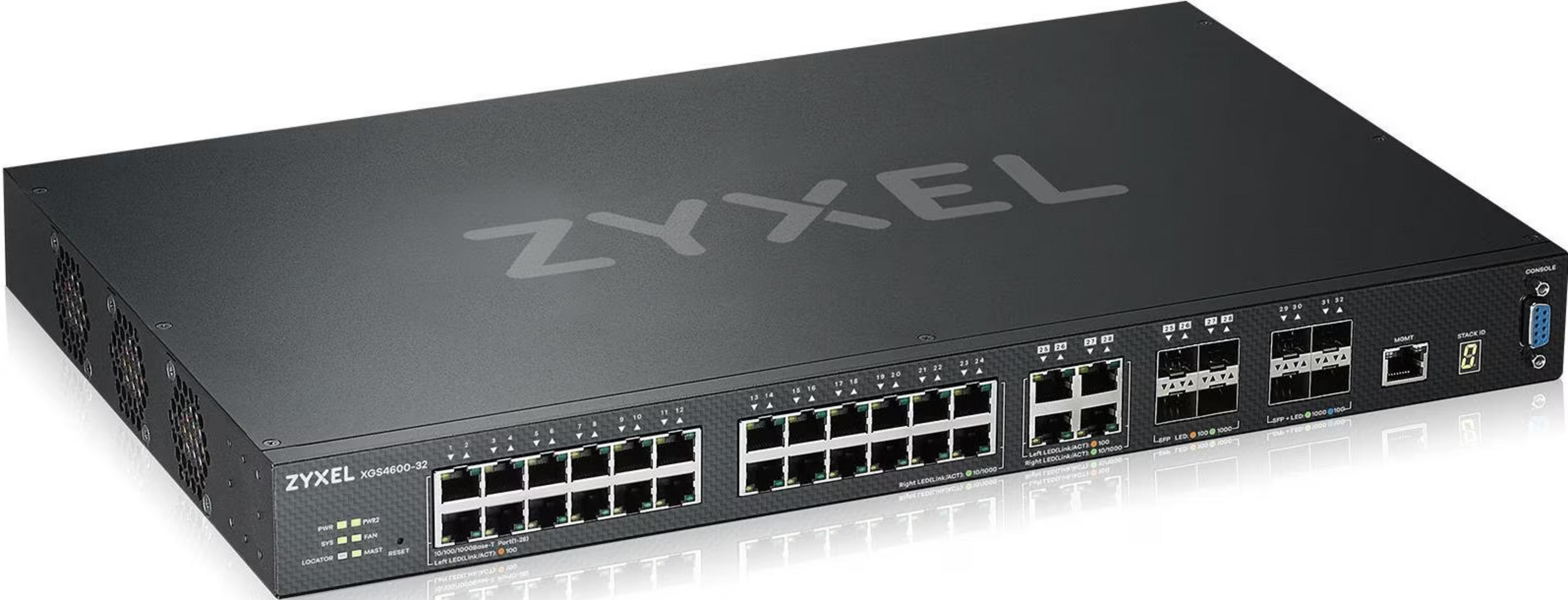 Switch di rete Zyxel nero con 32 porte e griglie di ventilazione laterali.