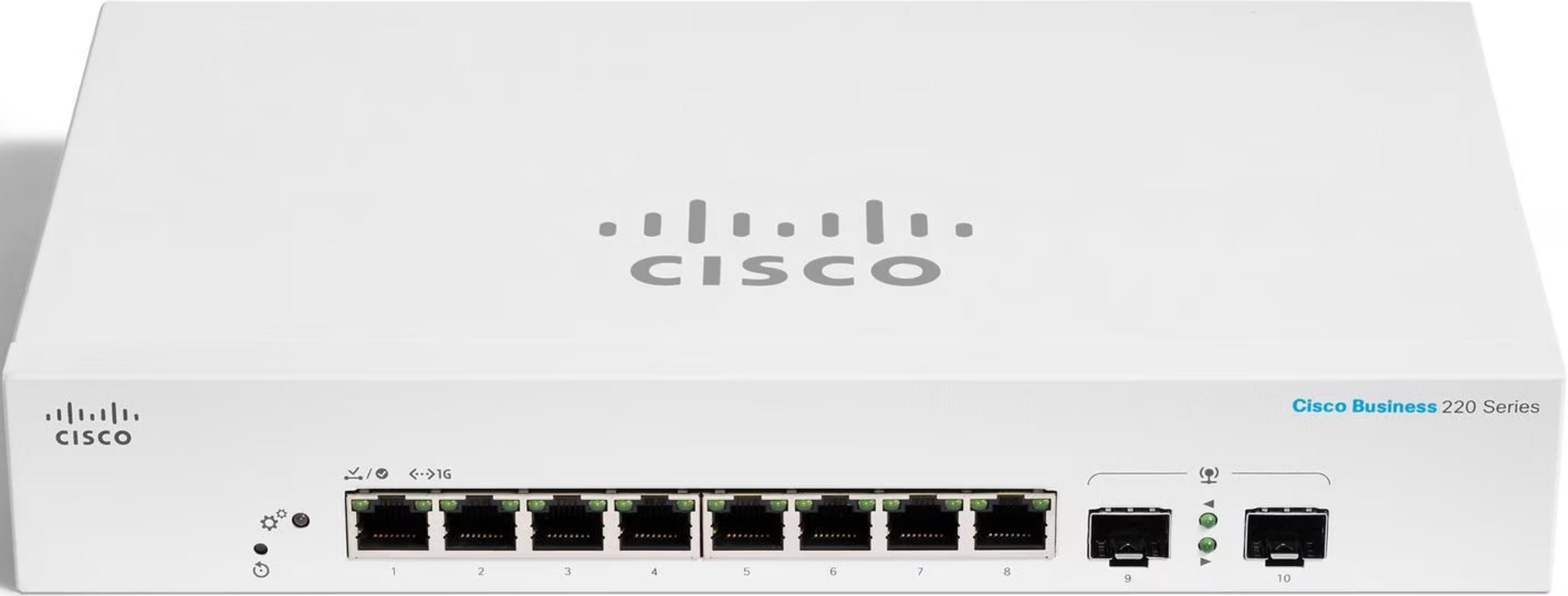 Biały przełącznik sieciowy Cisco Business 220 Series z 10 portami.