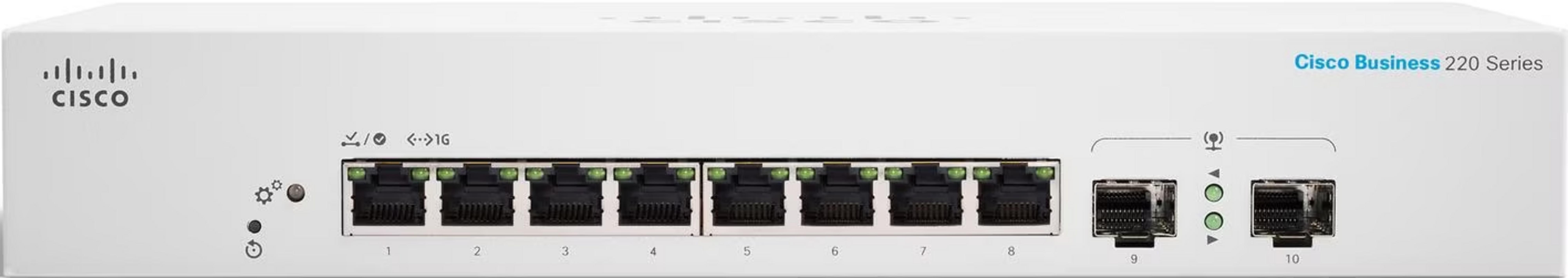 Biały przełącznik Cisco Business 220 Series z 10 portami.