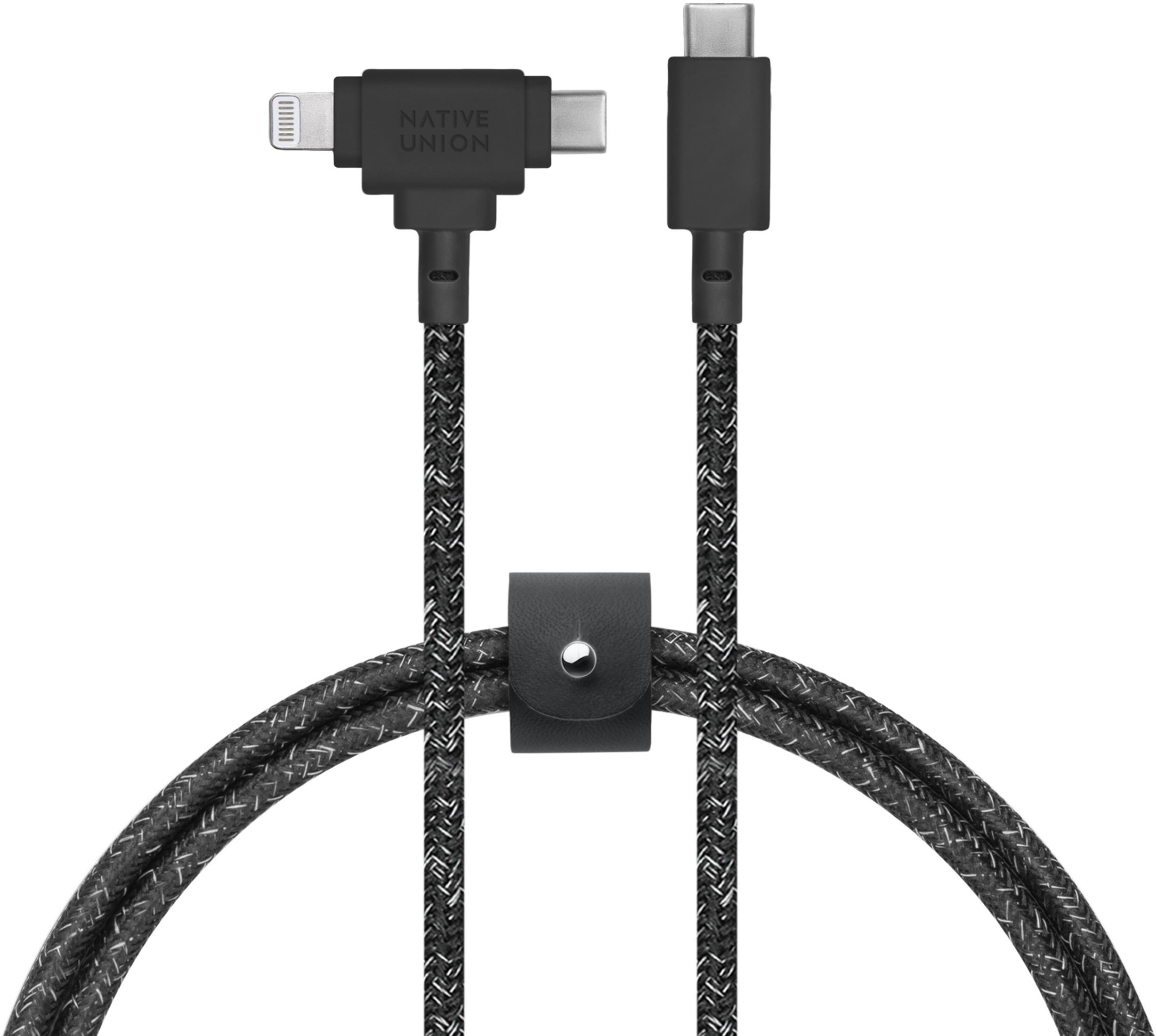 Ein schwarzes Native Union Kabel mit Lightning- und USB-C-Steckern.