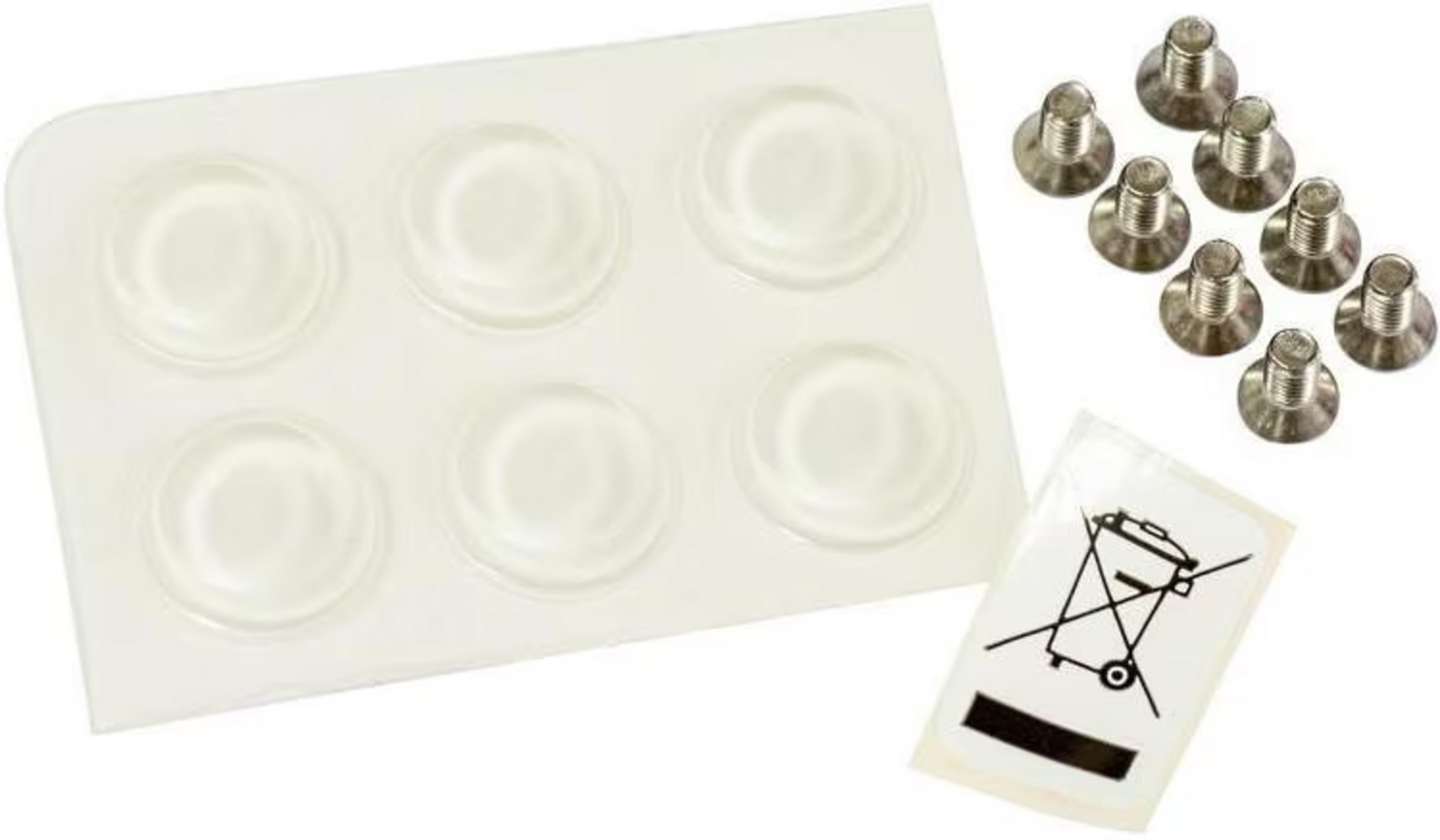Sześć przezroczystych gumowych stopek na podkładce i osiem śrub obok.