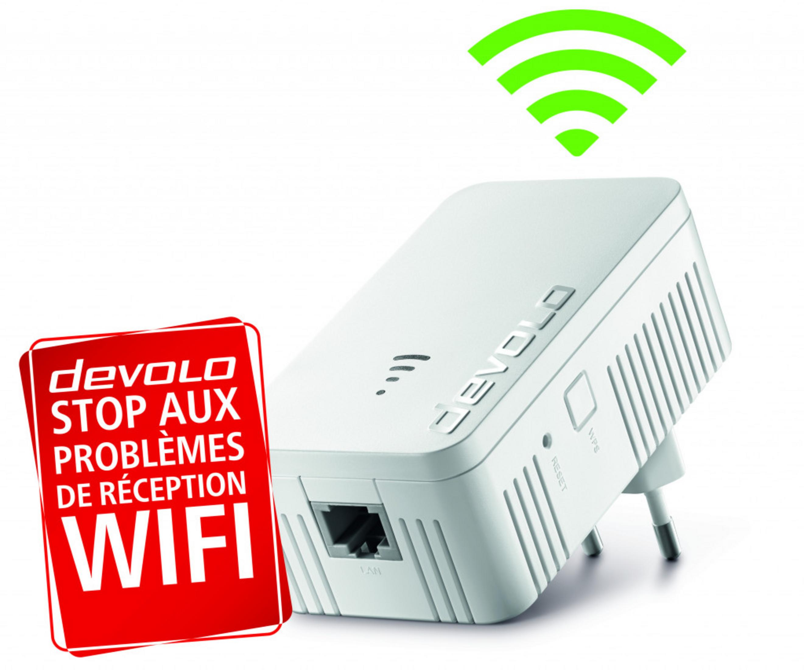 White WiFi repeater with red sign saying "Stop aux problèmes de réception WIFI".