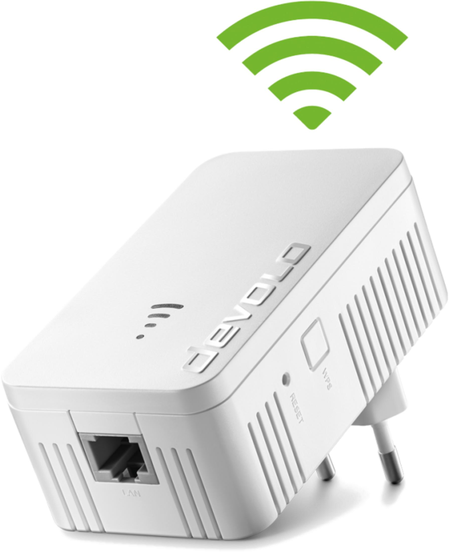 A white Wi-Fi repeater with a LAN port and green signal waves.
