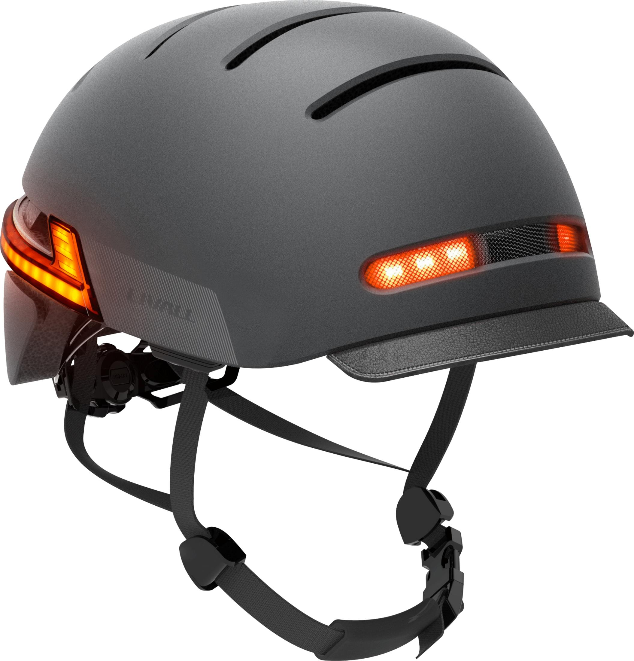 Grauer Fahrradhelm mit roten LED-Bremslichtern und schwarzen Gurten.