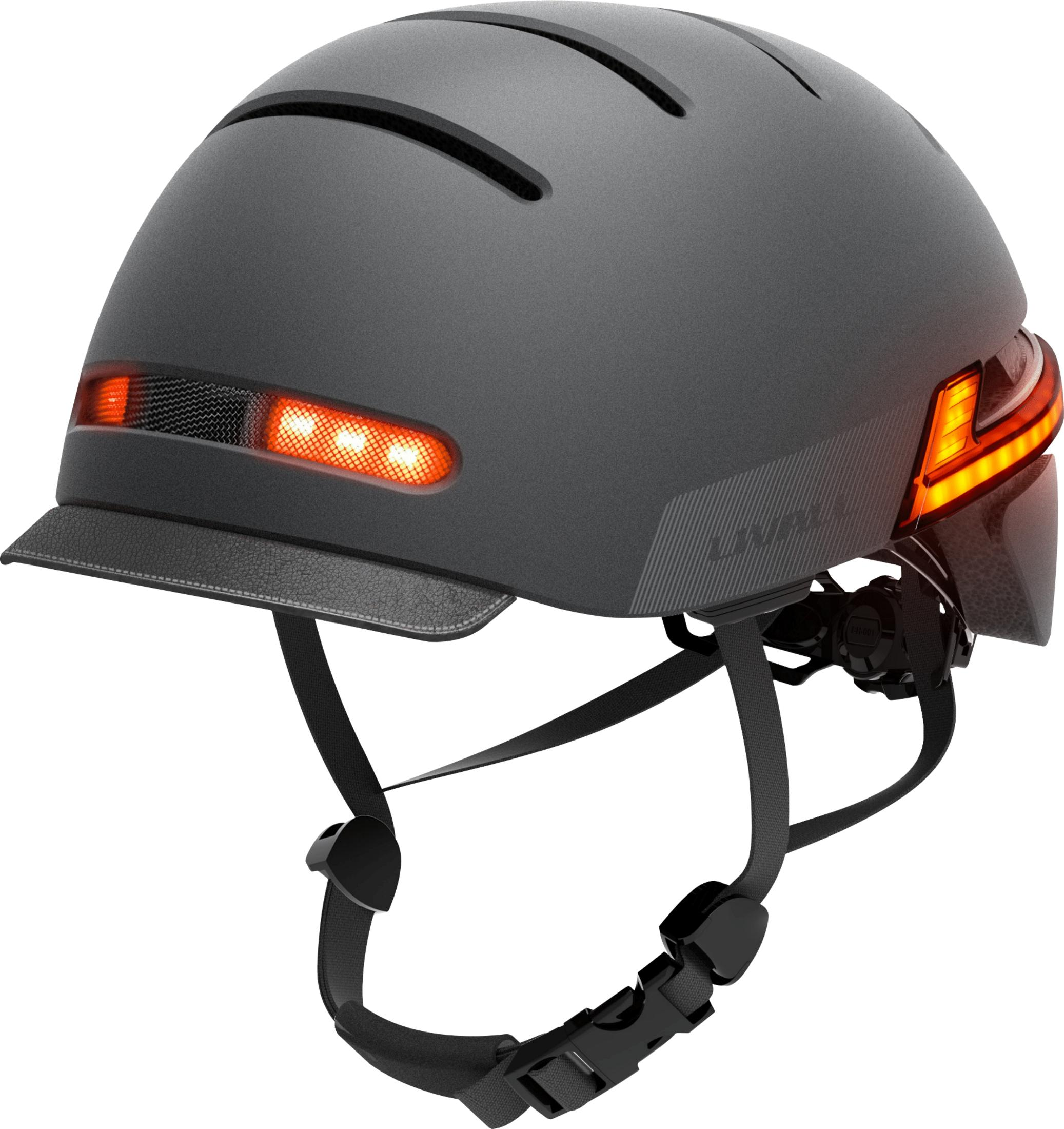 Grauer Helm mit roten LED-Leuchten vorne und hinten, verstellbare Riemen.
