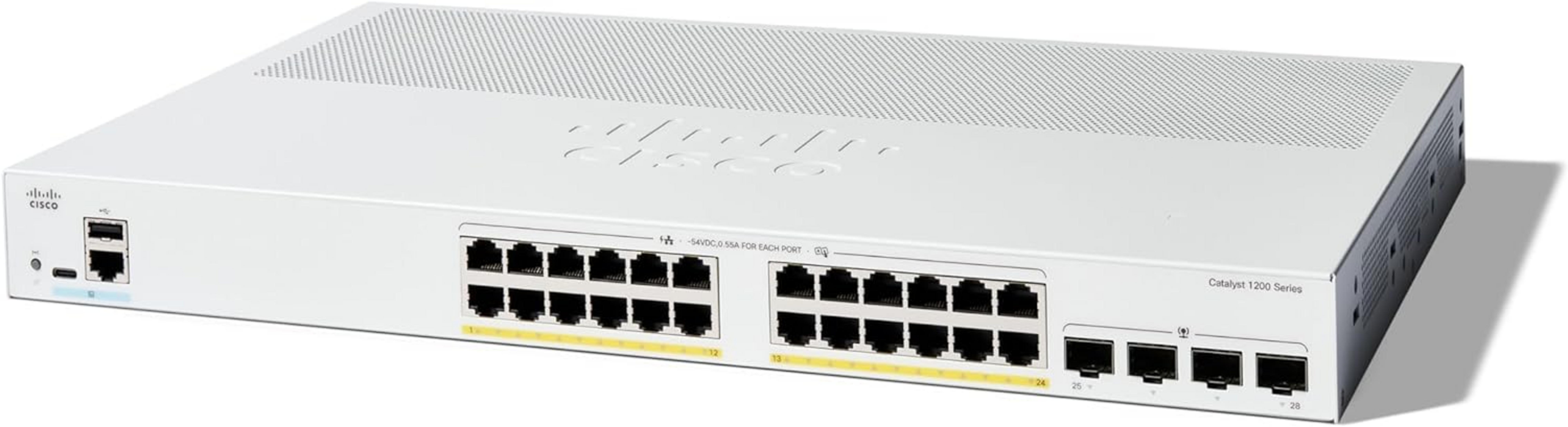 Biały przełącznik Cisco Catalyst 1200 Series z licznymi portami Ethernet.
