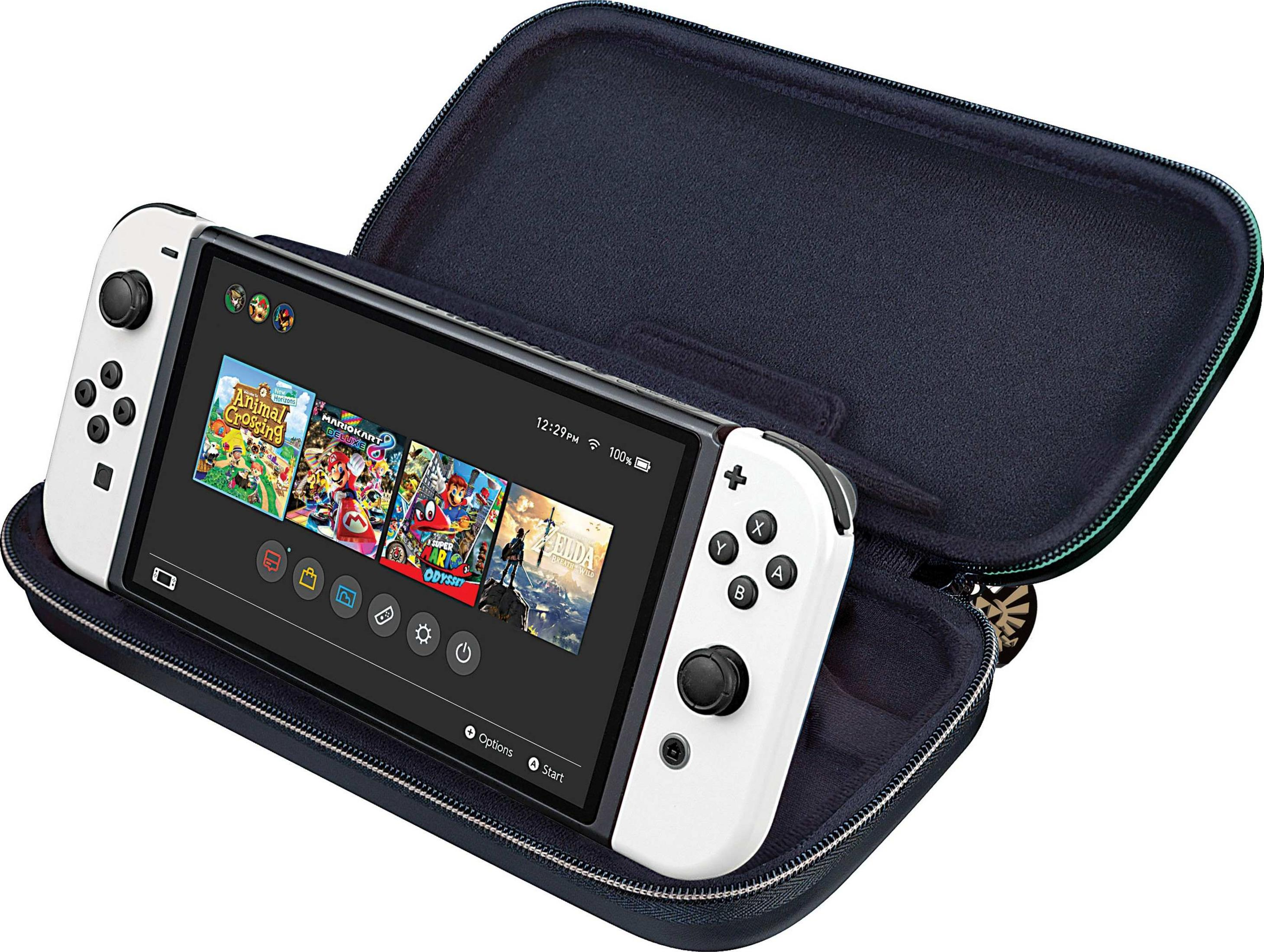Biała konsola Nintendo Switch z grami wyświetlanymi na ekranie, w otwartym czarnym etui.