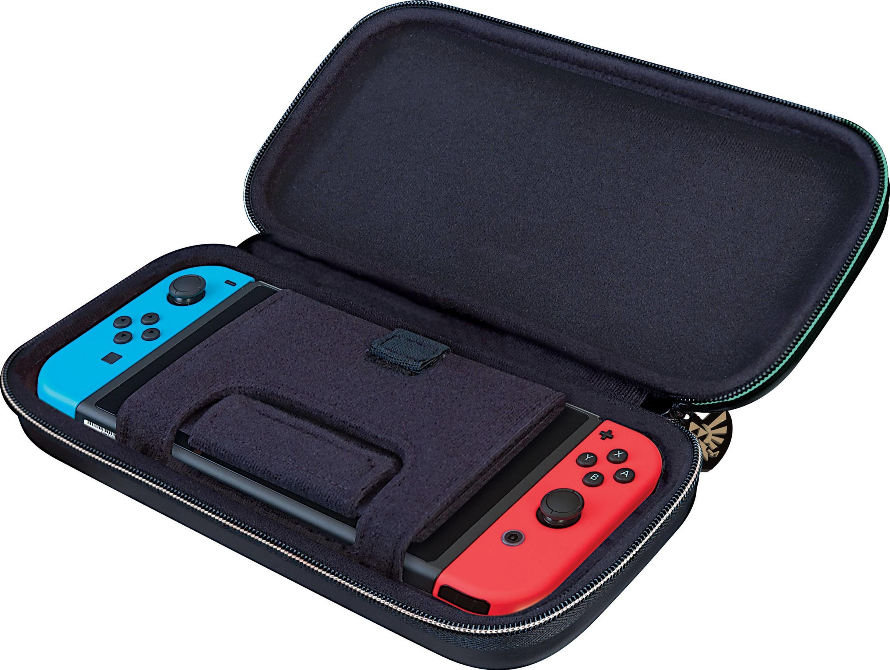 Otwarty, ciemnoniebieski futerał na Nintendo Switch z niebieskimi i czerwonymi kontrolerami Joy-Con.