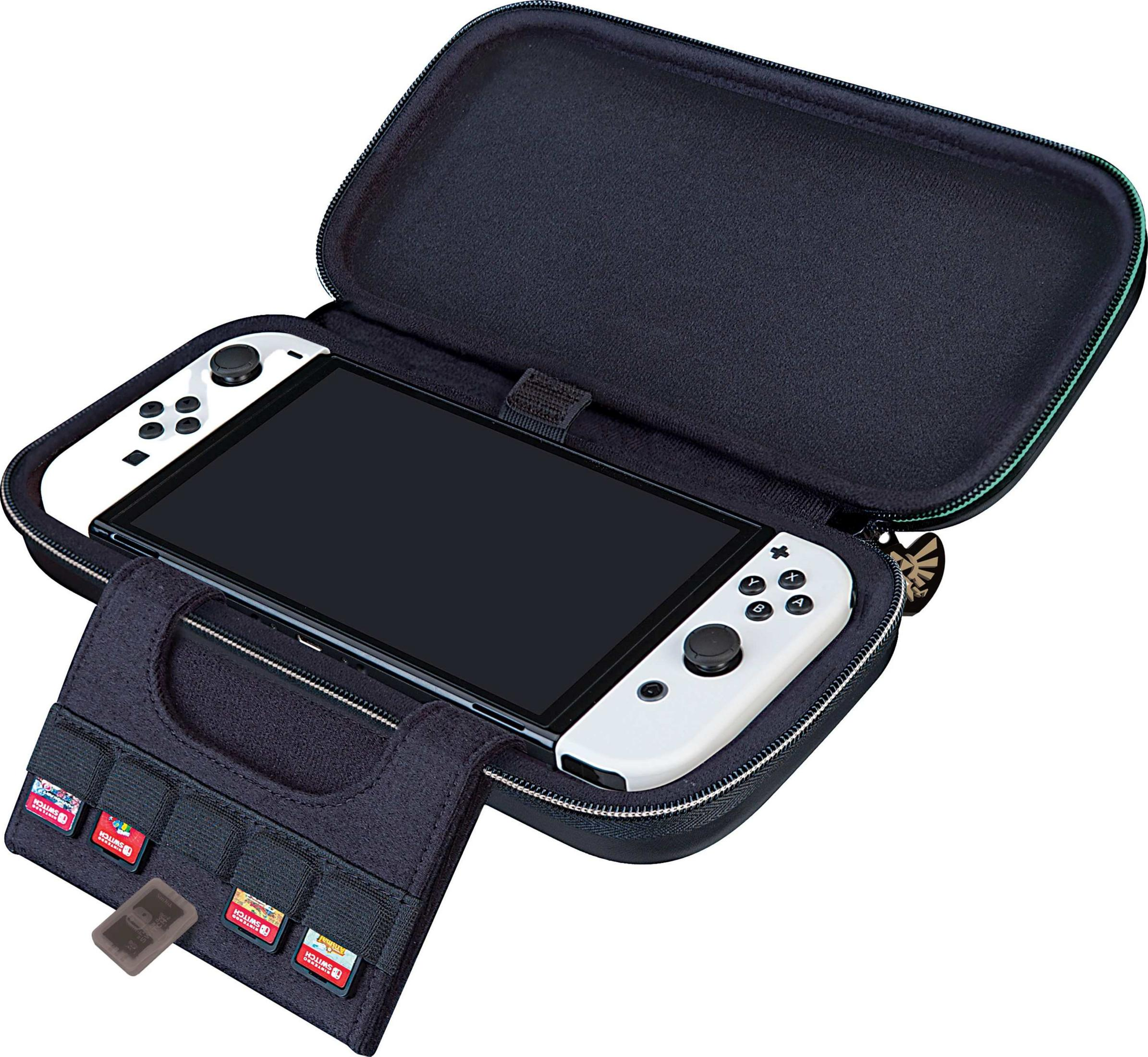 Biały Nintendo Switch w czarnym etui z miejscem na karty do gry.