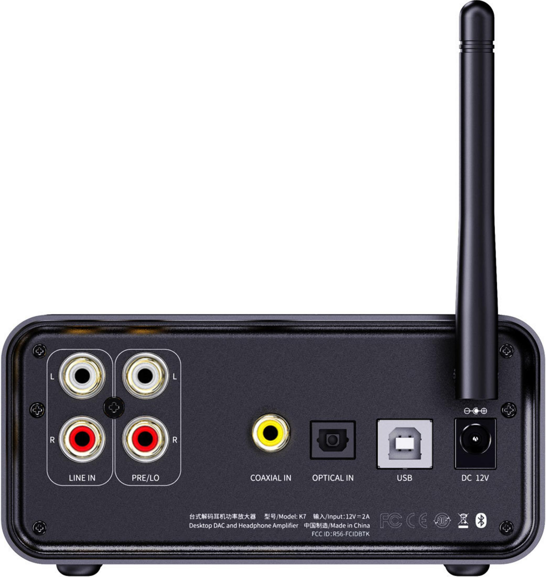 Vista trasera de un DAC/amplificador de auriculares negro con puertos.