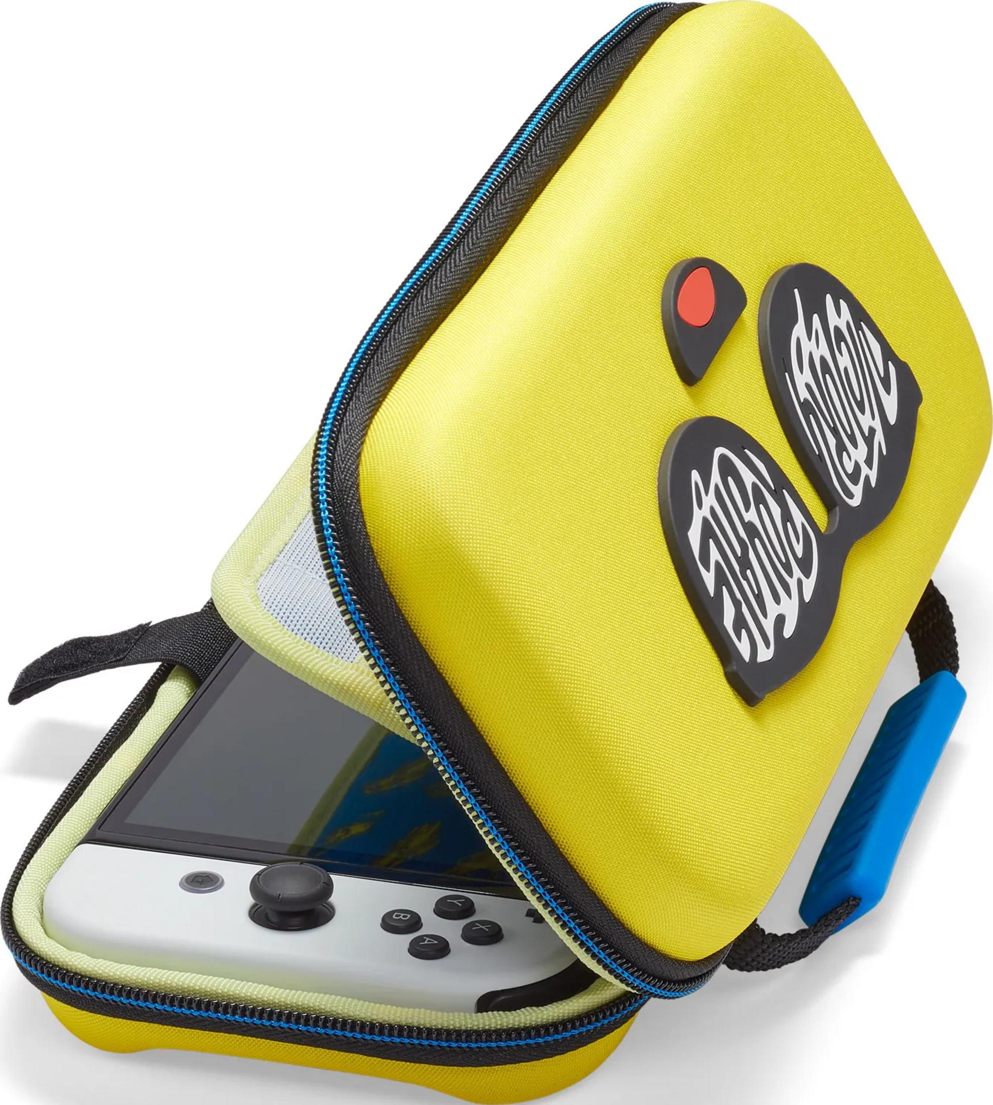 Żółta torba z detalami twarzy i konsolą.