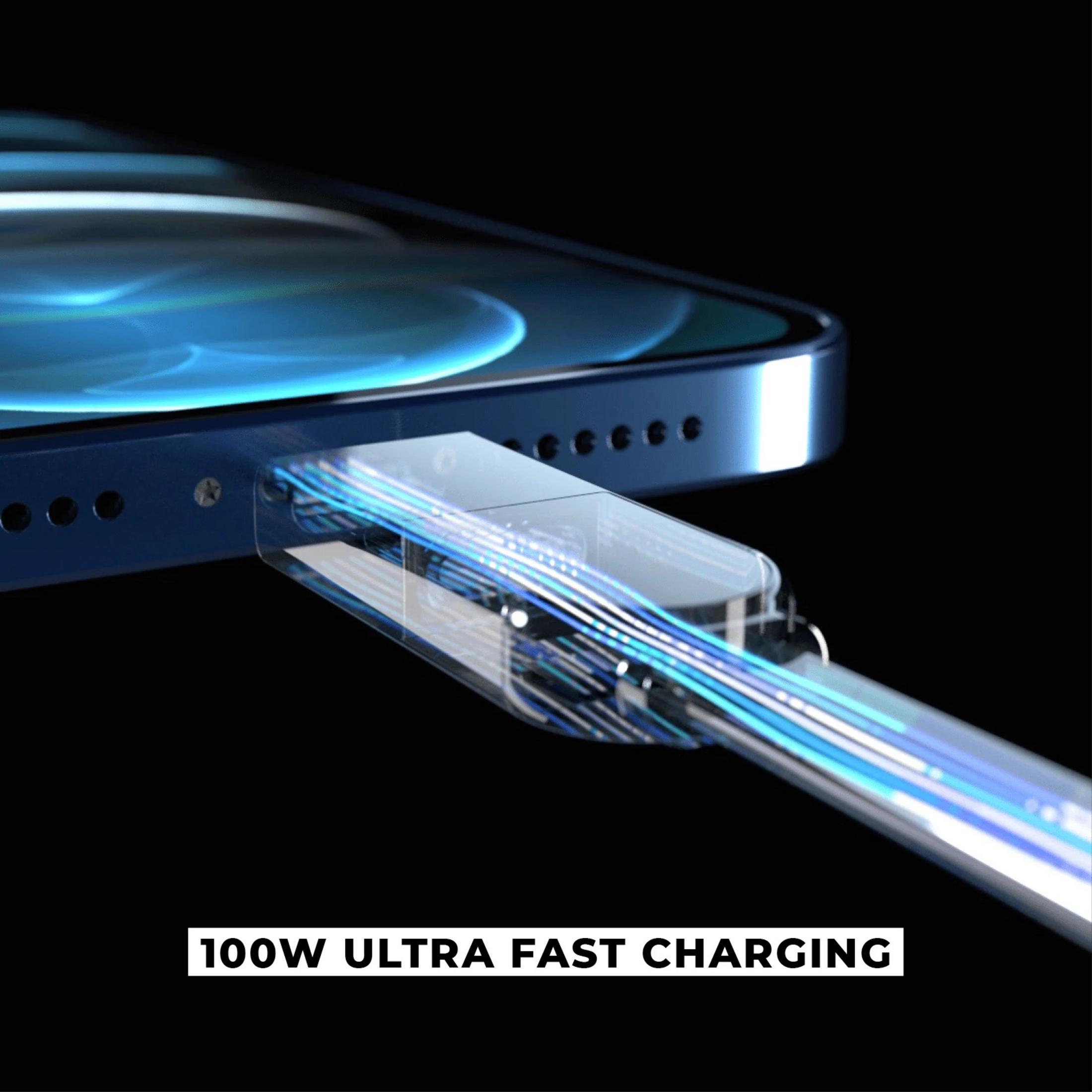 Ein Smartphone wird mit einem Ladekabel geladen. Blaue Lichter.