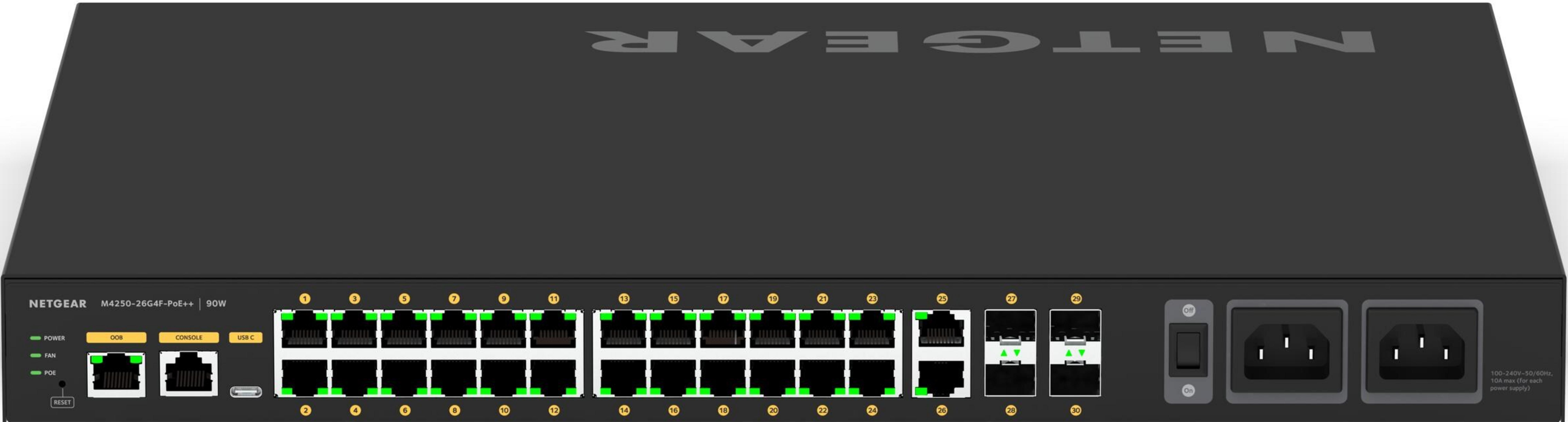 Switch sieciowy 26 portów, 2x SFP, 2x wejścia zasilania, USB-C, konsola, OOB.