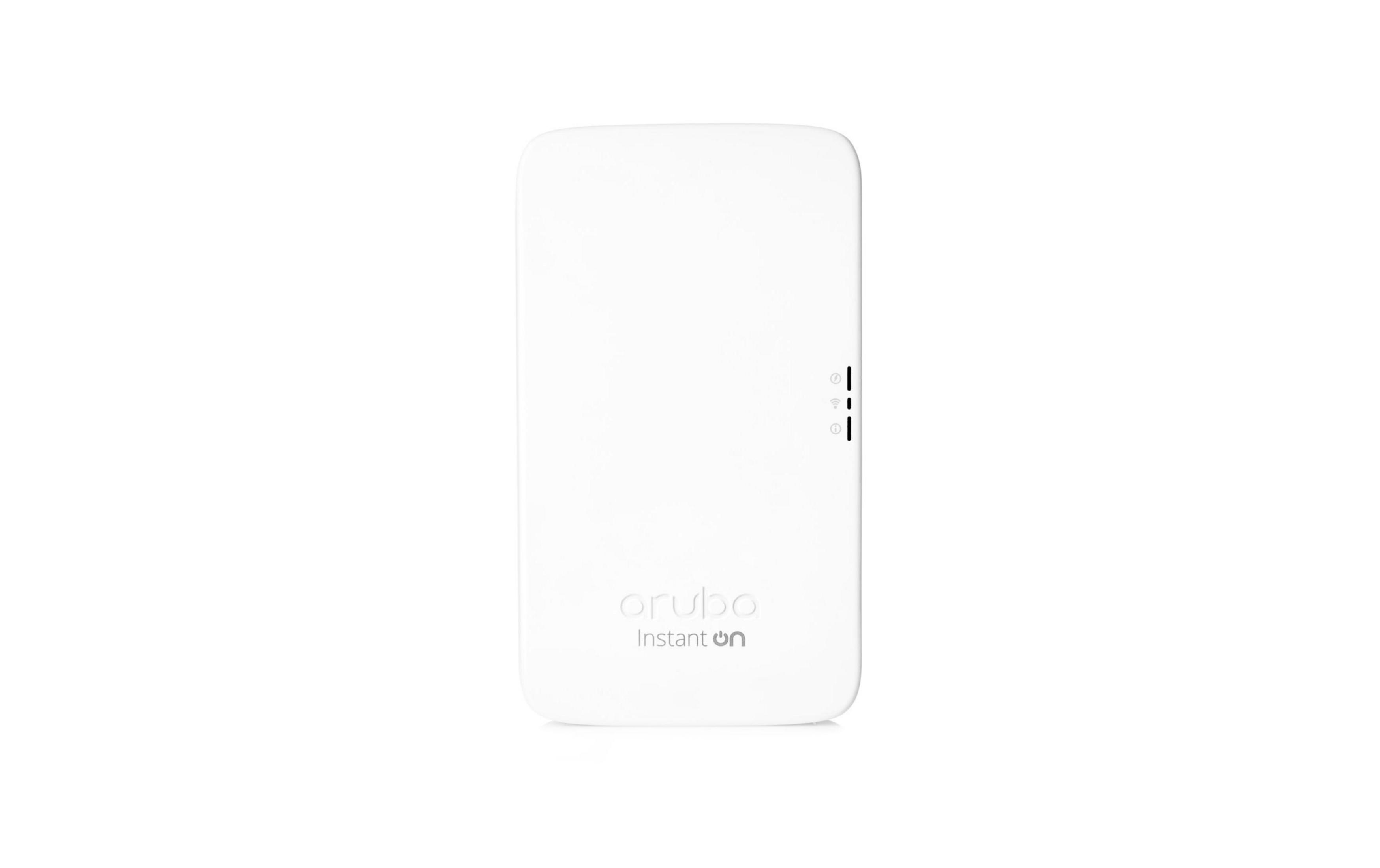 Ein weißes Aruba Instant On Gerät mit LED-Anzeigen und Logo.
