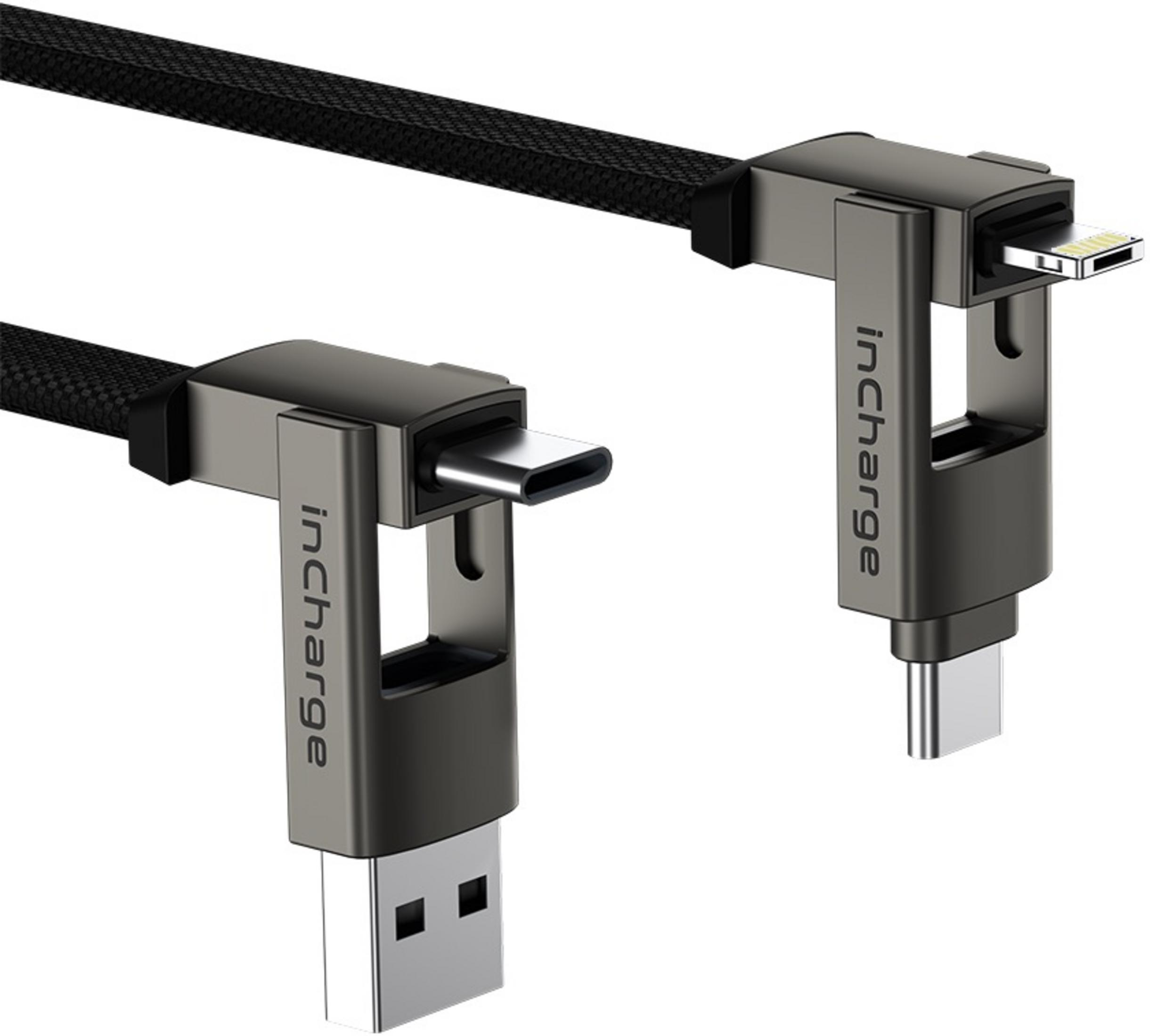 Zwarte USB-C en Lightning kabel met zilveren connectoren.