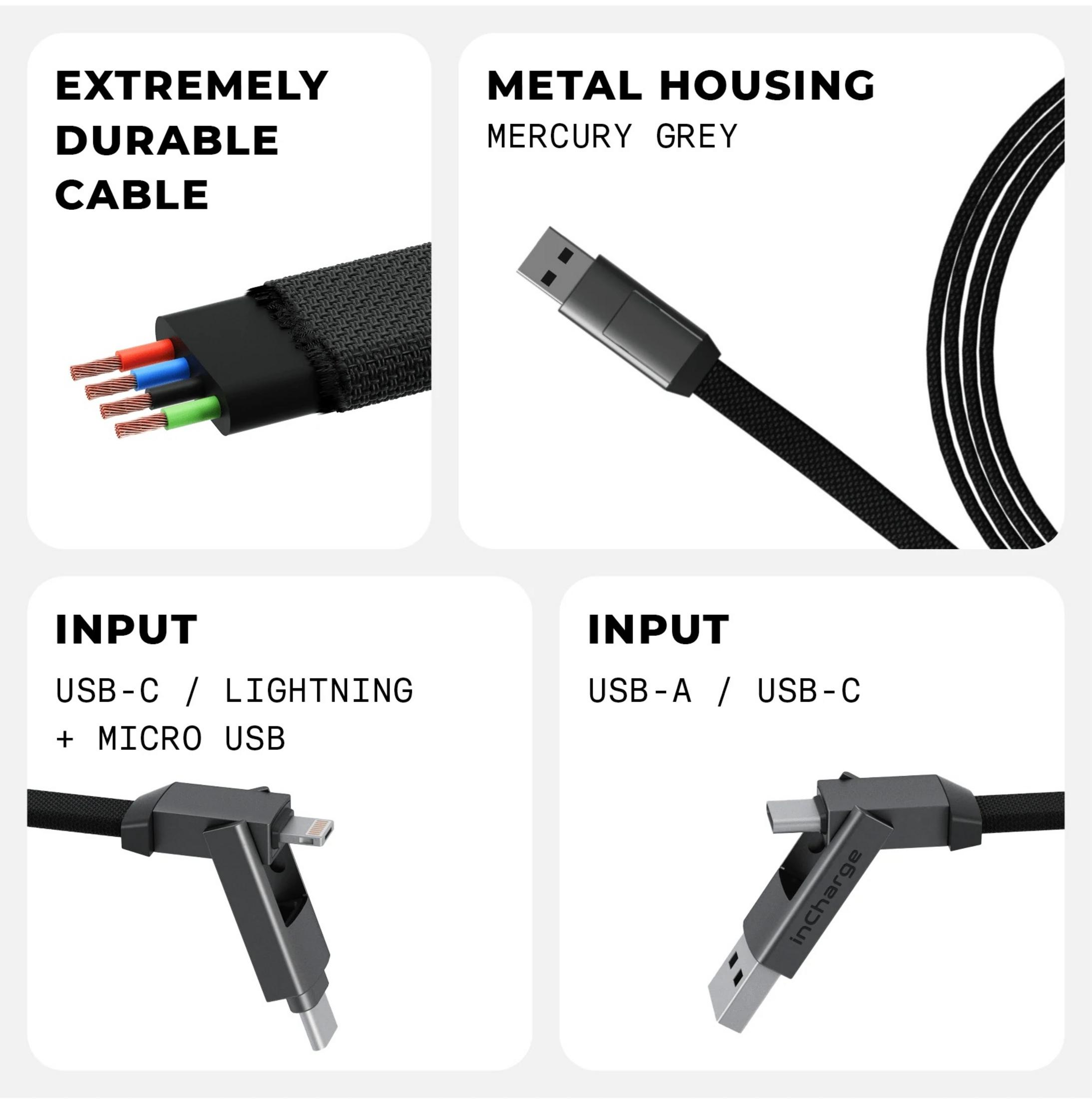 Een USB-kabel met diverse connectoren en metalen behuizing.
