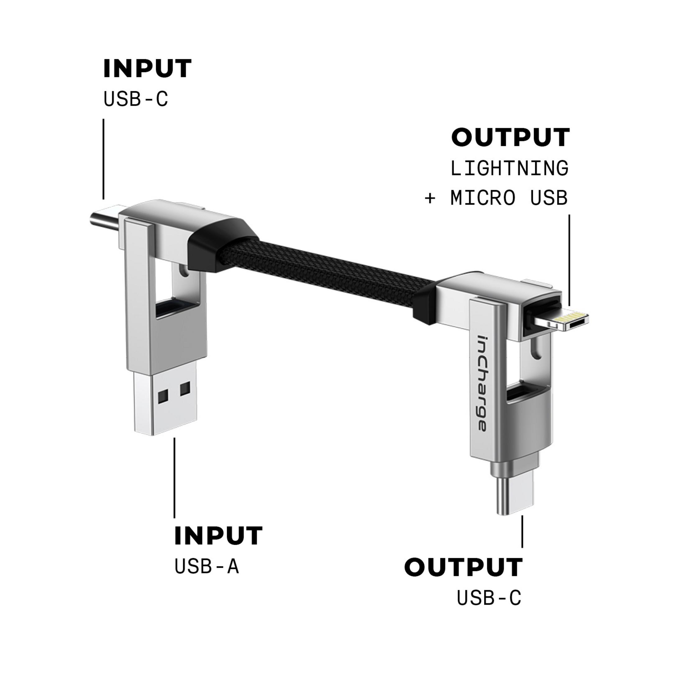 Een zilveren oplaadkabel met USB-A, USB-C, Lightning en Micro USB-aansluitingen.