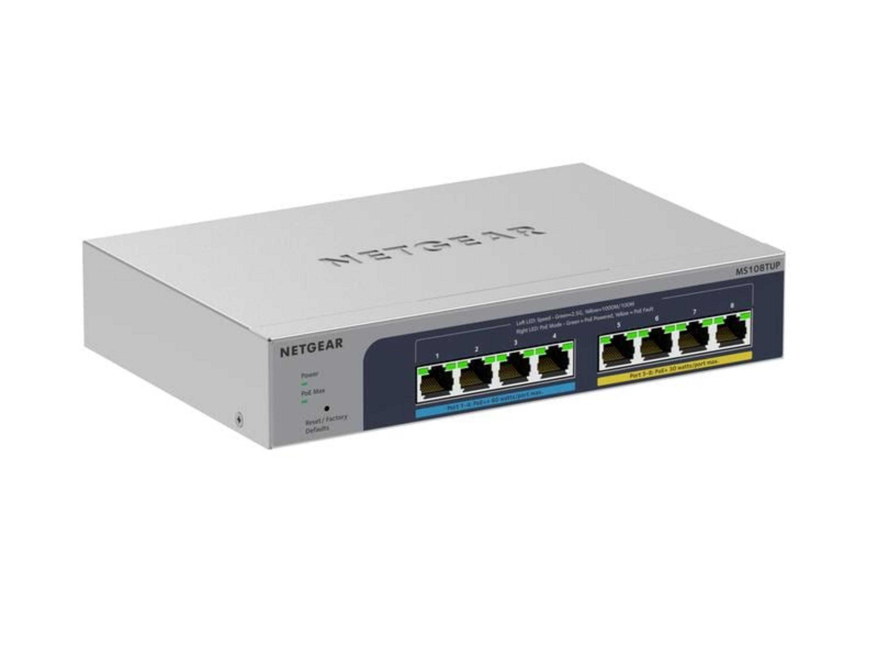 Uno switch Netgear grigio con 8 porte Ethernet e spie luminose.