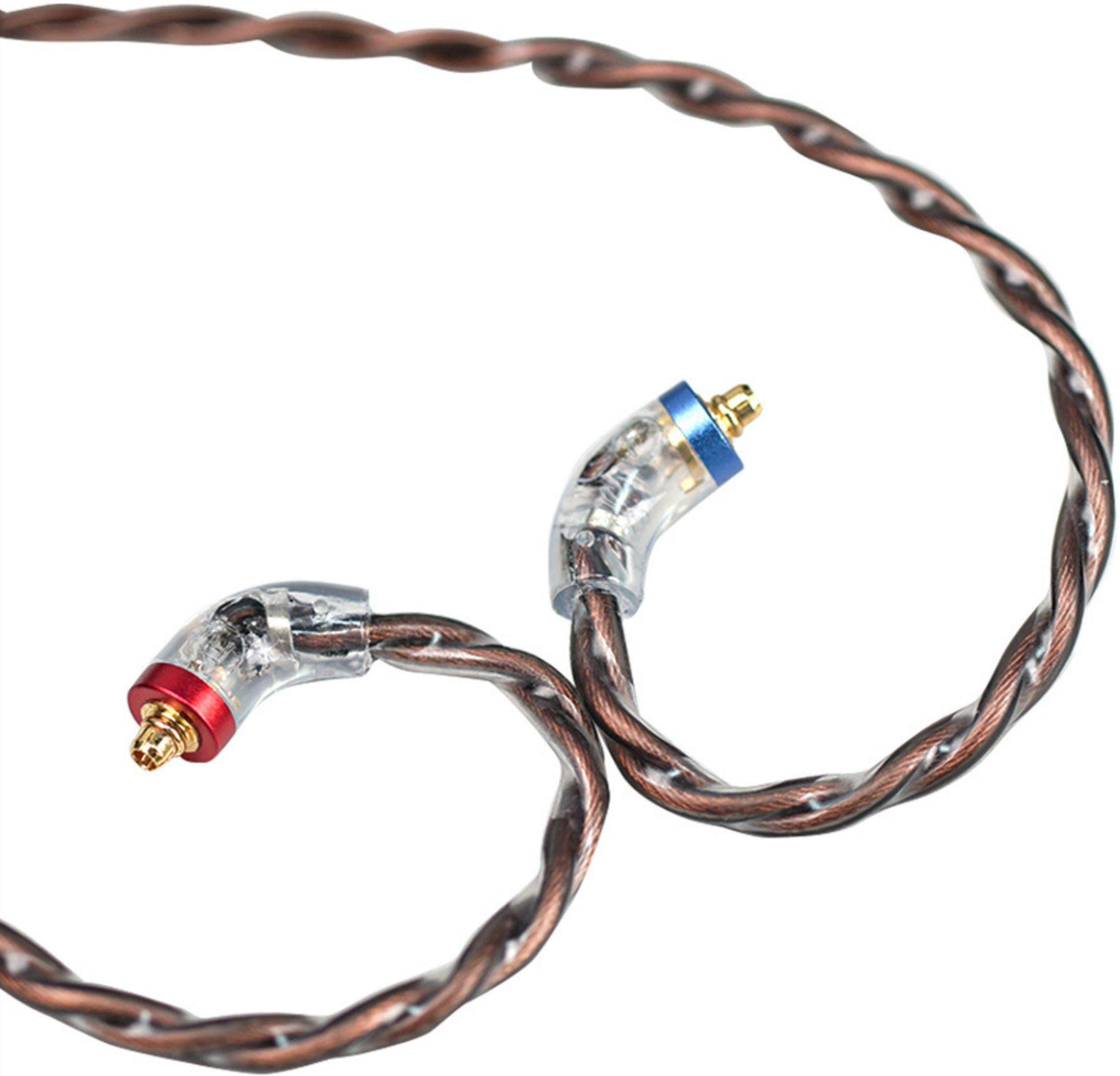 Un cable trenzado de color cobre con dos conectores, uno rojo y otro azul.