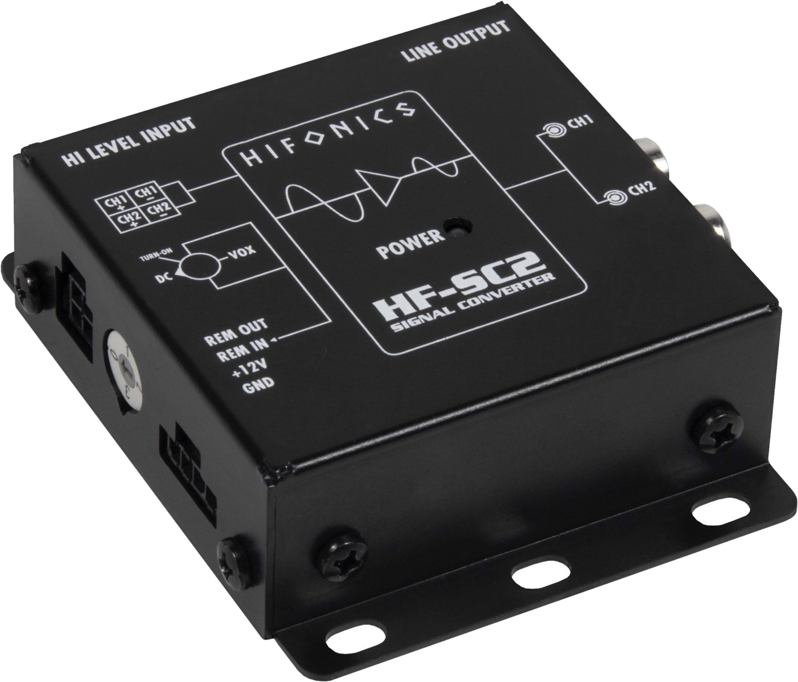 Schwarzer Signalwandler mit Beschriftungen wie 'HI LEVEL INPUT', 'LINE OUTPUT', 'POWER'.