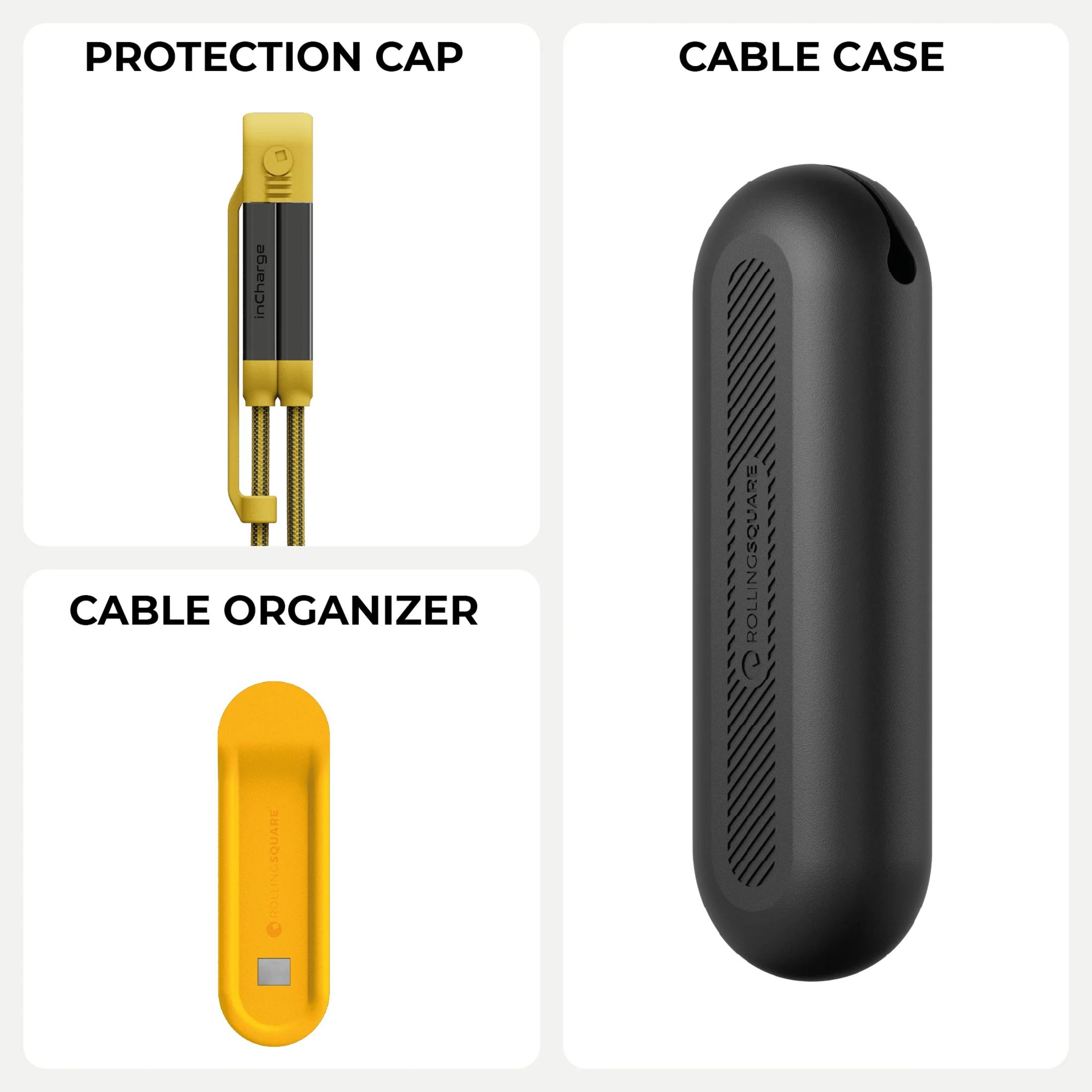 Een gele kabel organizer, een gele beschermkap en een zwart kabelhoes.