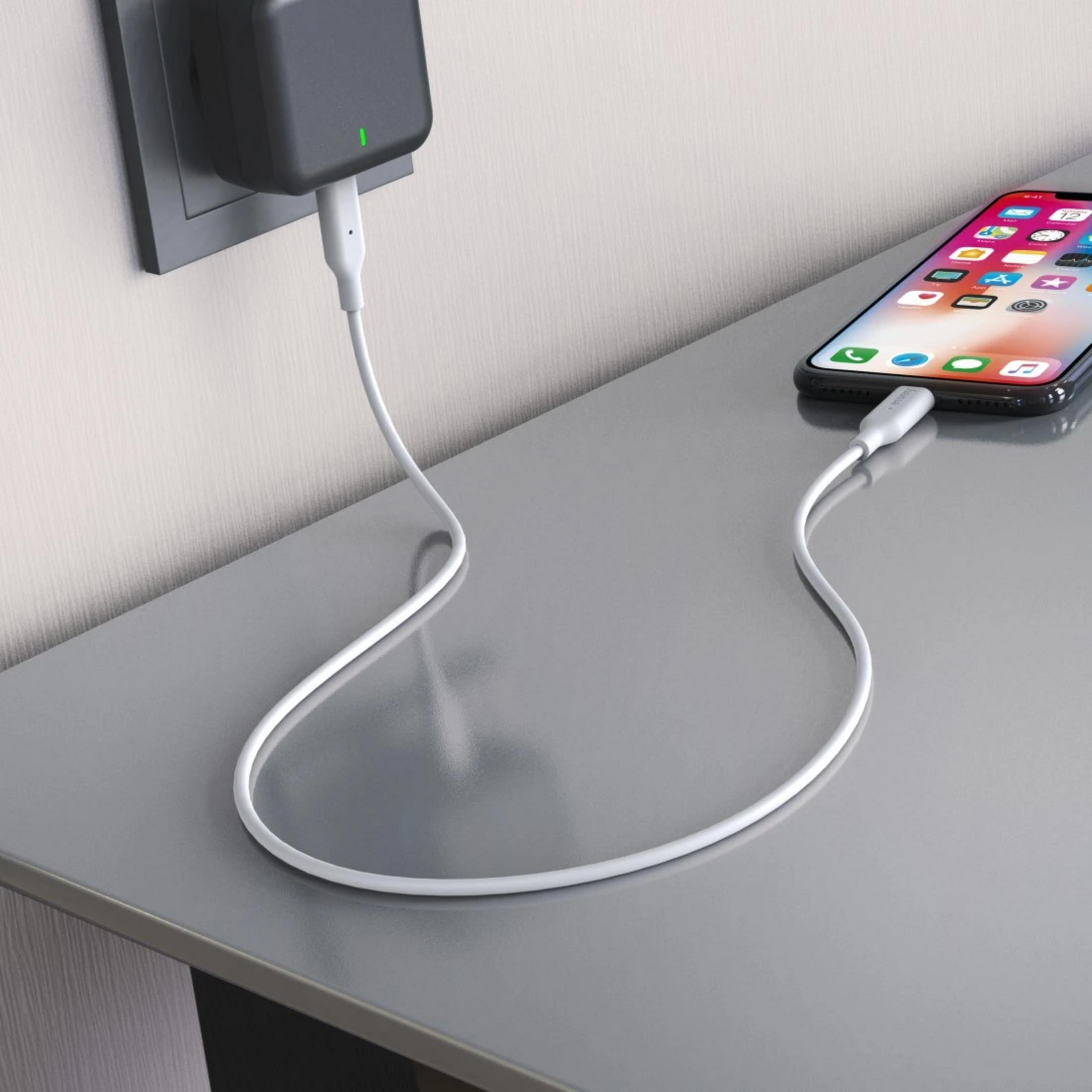 Un adattatore di corrente nero carica uno smartphone tramite cavo bianco.