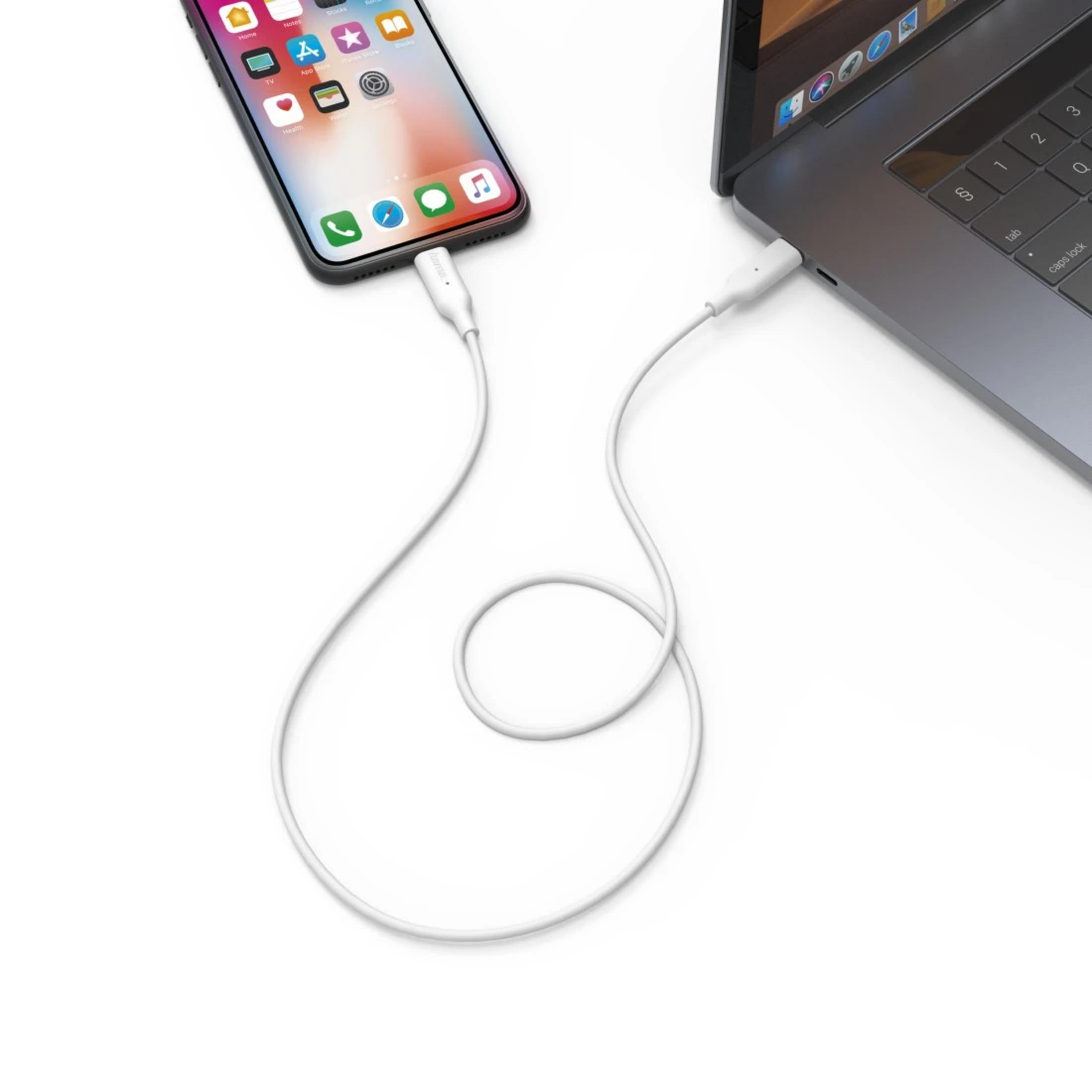 Un cavo bianco collega uno smartphone a un laptop.