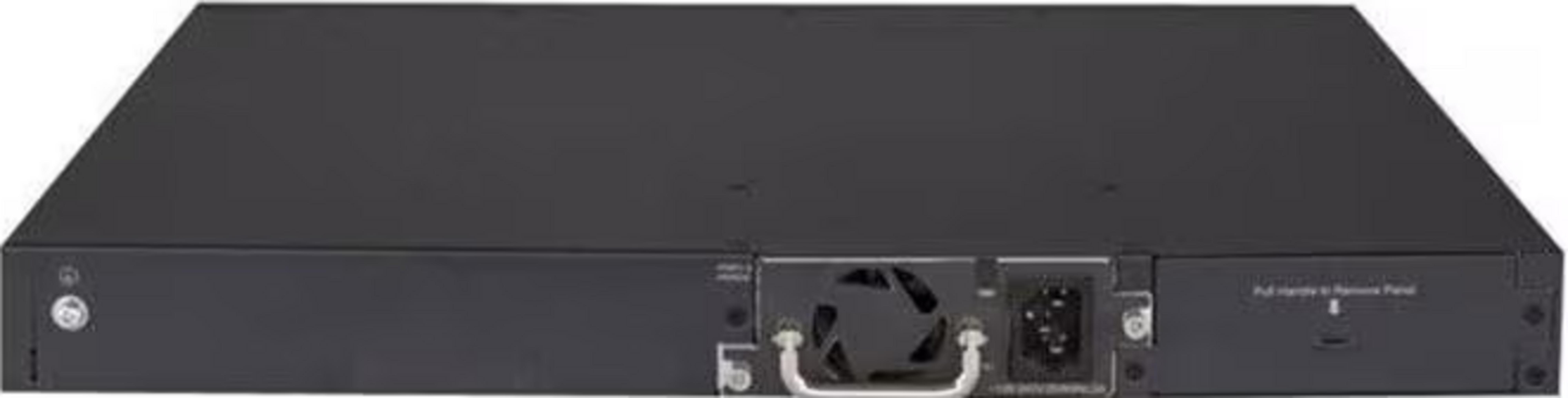 Tył czarnego urządzenia sieciowego z wentylatorem, złączem zasilania i etykietą.