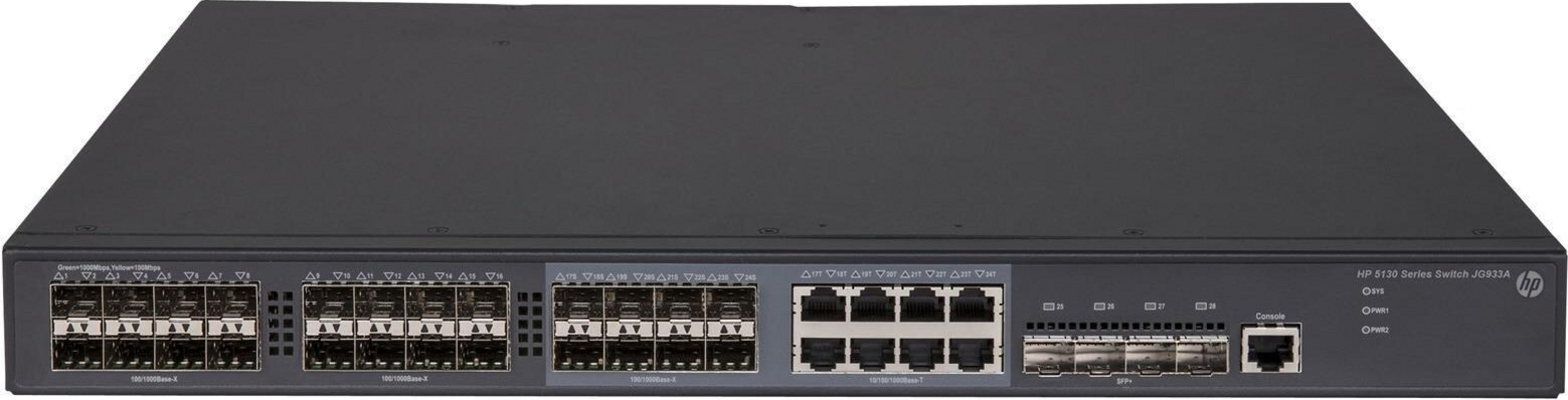 Czarny przełącznik HP 5130 z licznymi portami i wskaźnikami.