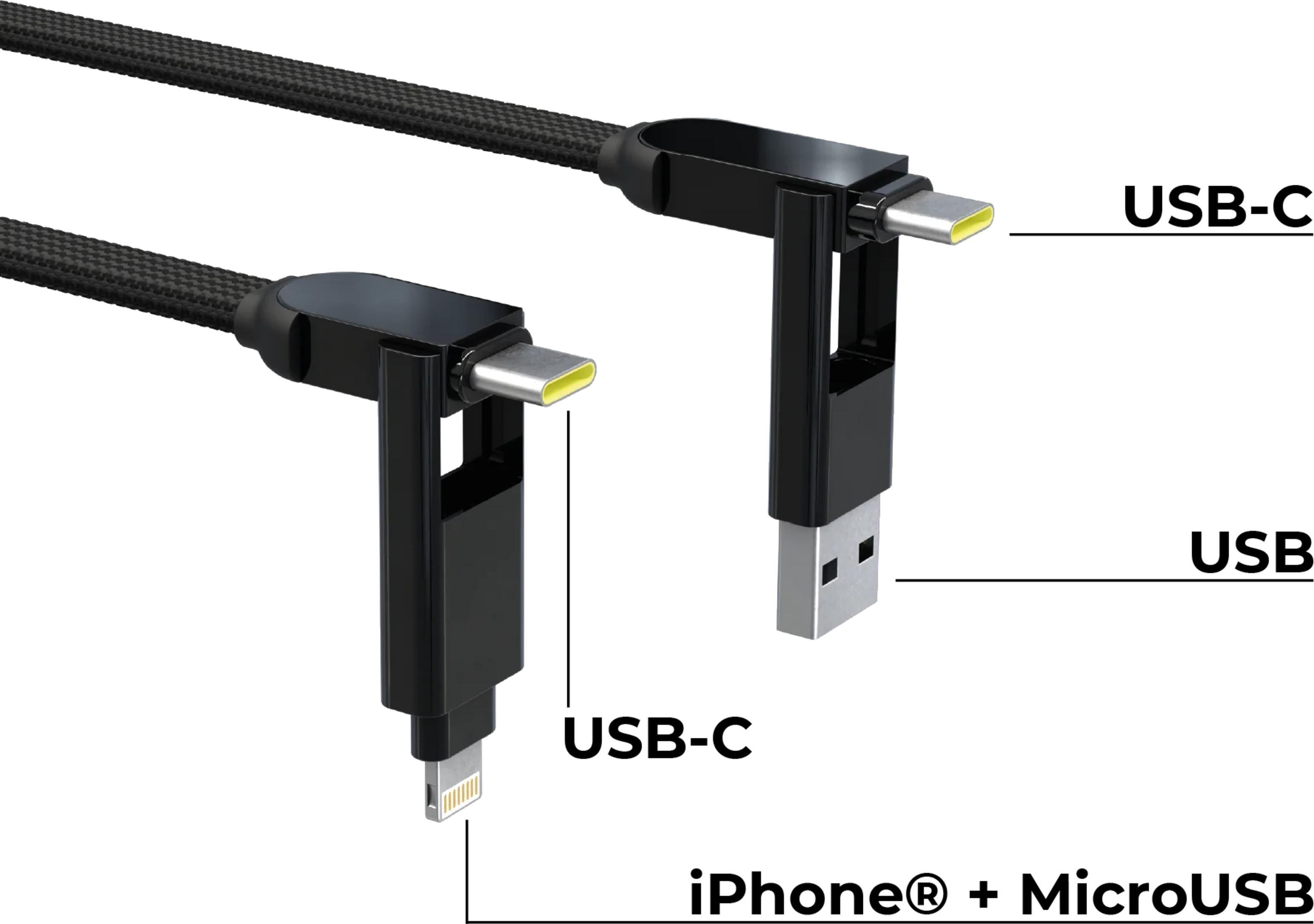 Un câble USB-C noir avec divers connecteurs.