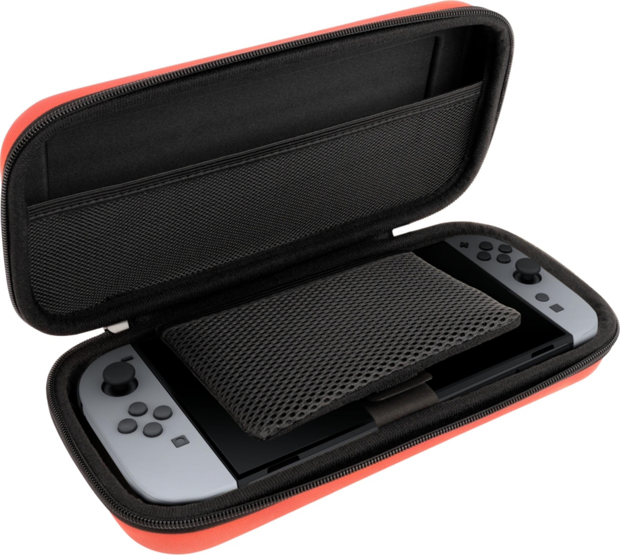 Una custodia rossa aperta con cerniera contenente una console Nintendo Switch.