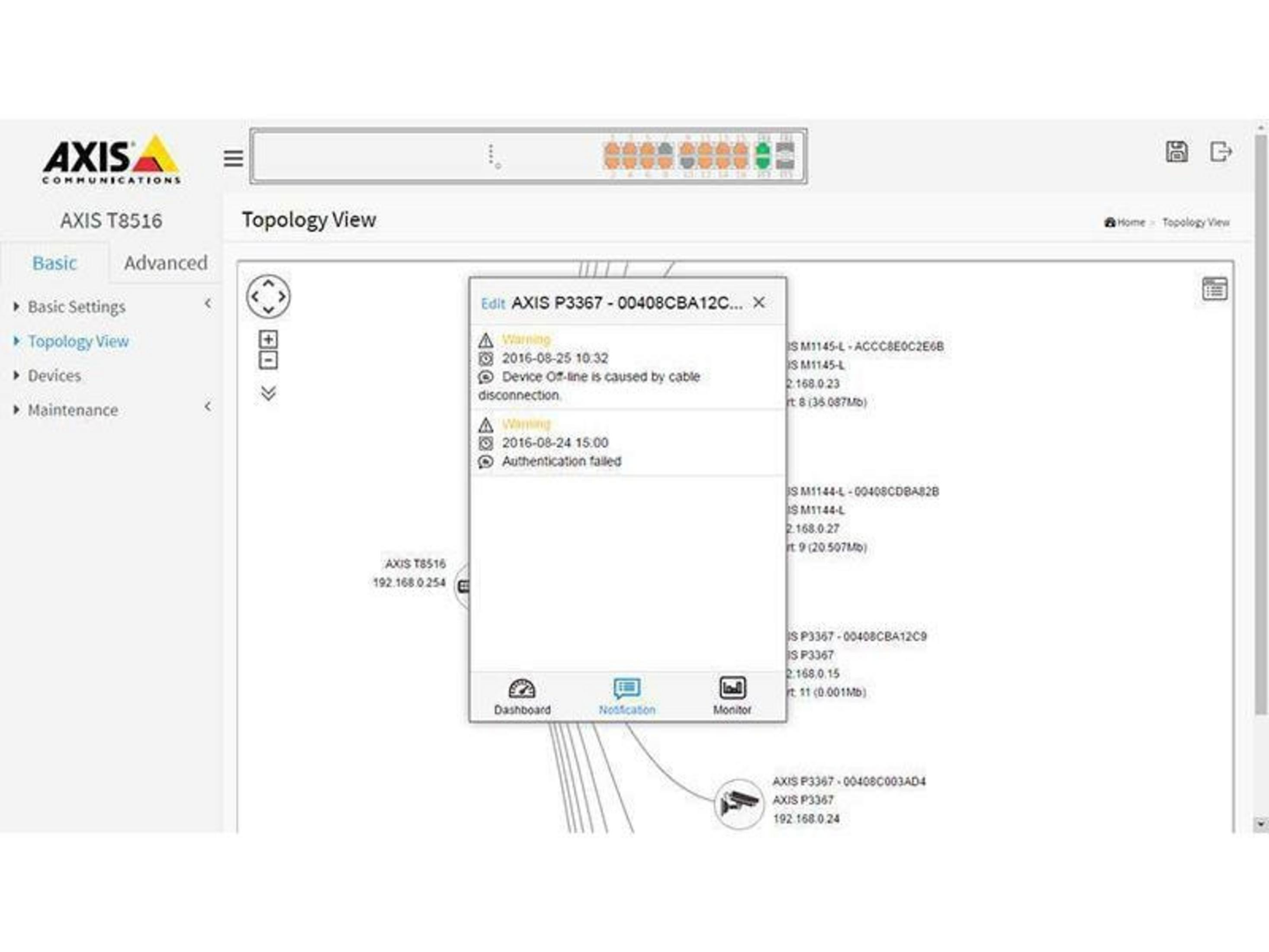 Widok topologii sieci z ostrzeżeniami o urządzeniu offline i błędzie uwierzytelniania.