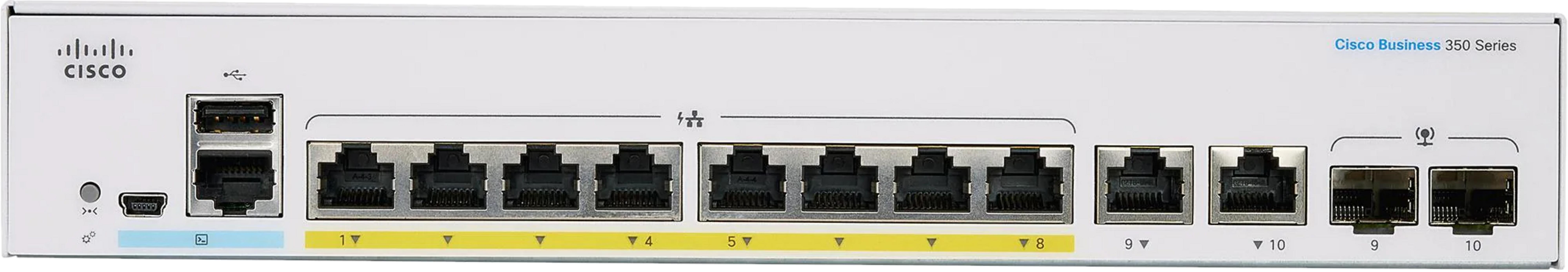 Ein weißer Cisco Business 350 Series Switch mit vielen Anschlüssen.