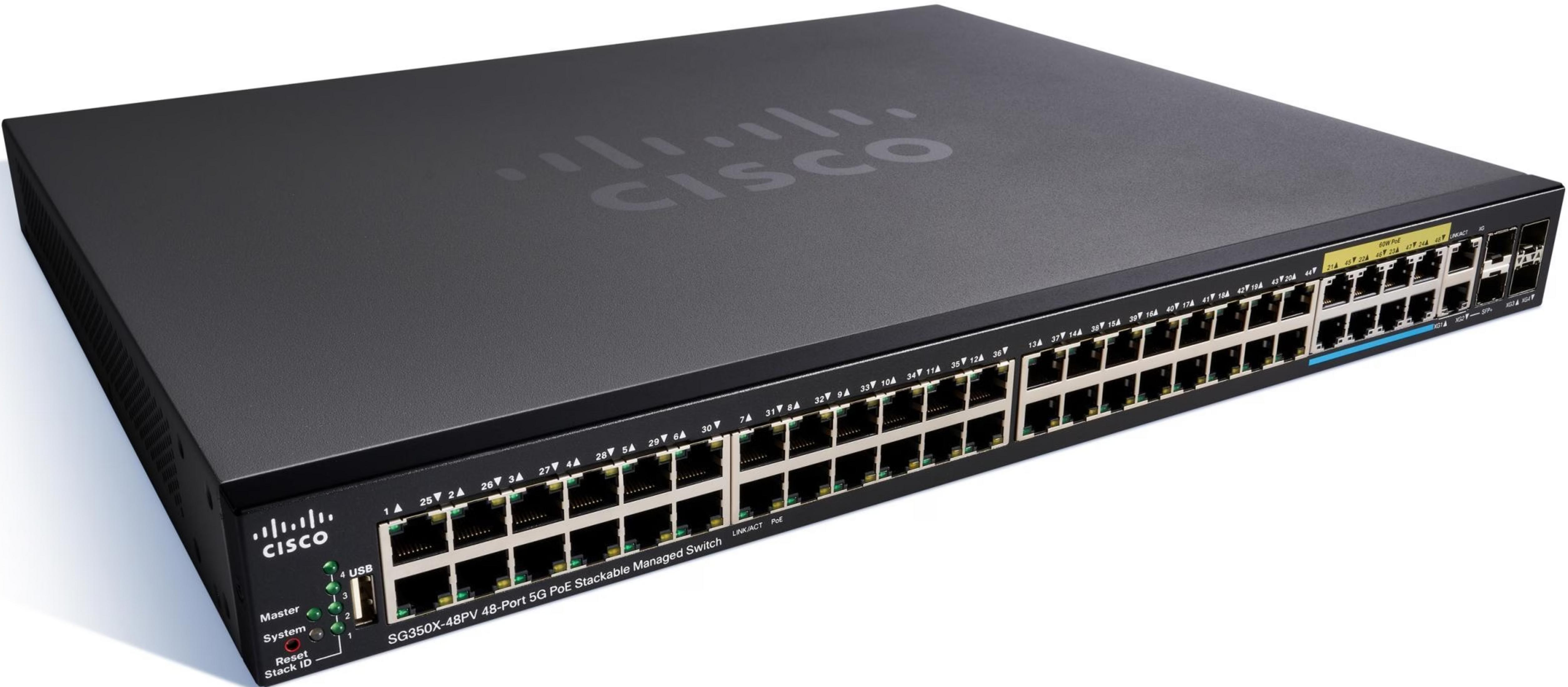 Ein schwarzer Cisco SG350X-48PV 48-Port 5G PoE Managed Switch.