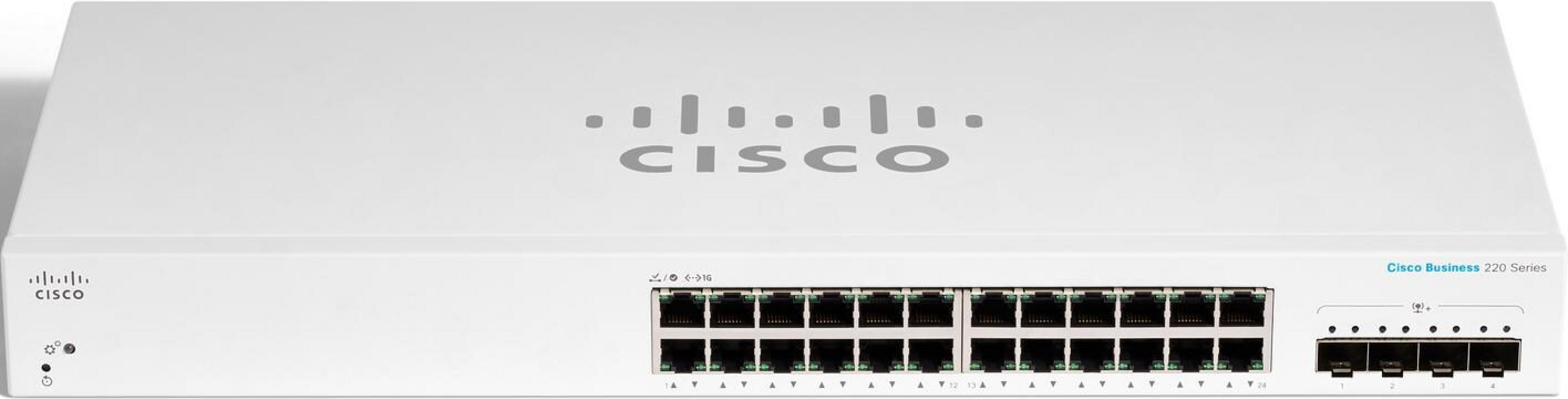 Biały przełącznik Cisco Business 220 Series z 24 portami Ethernet.